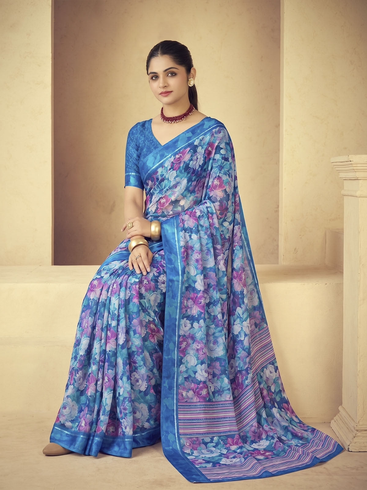 Samriddhi - Blue Moss Georgette Digital Print Saree with Satin Patta Border
