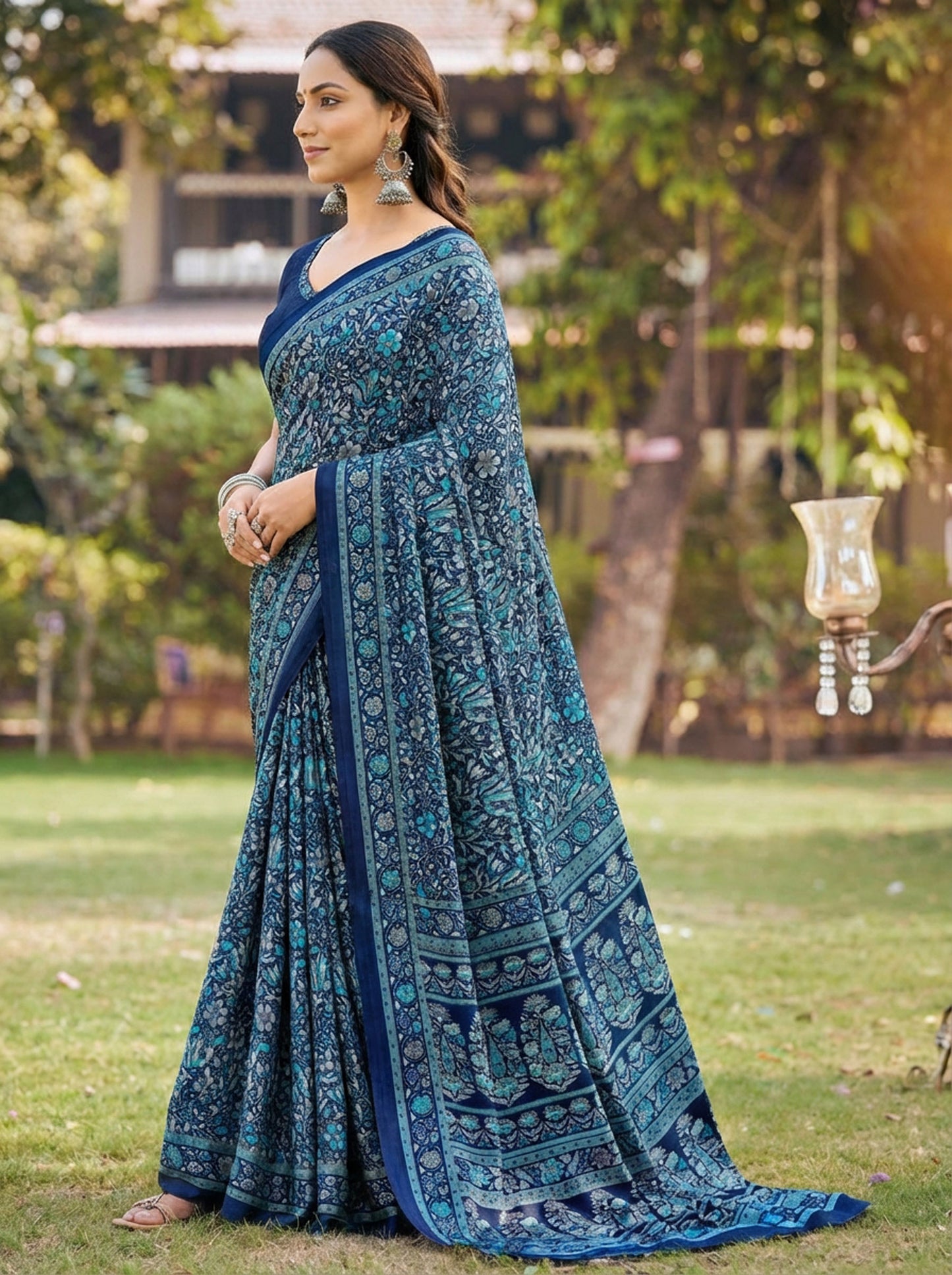 Rajkala - Blue Printed Crepe Silk Saree