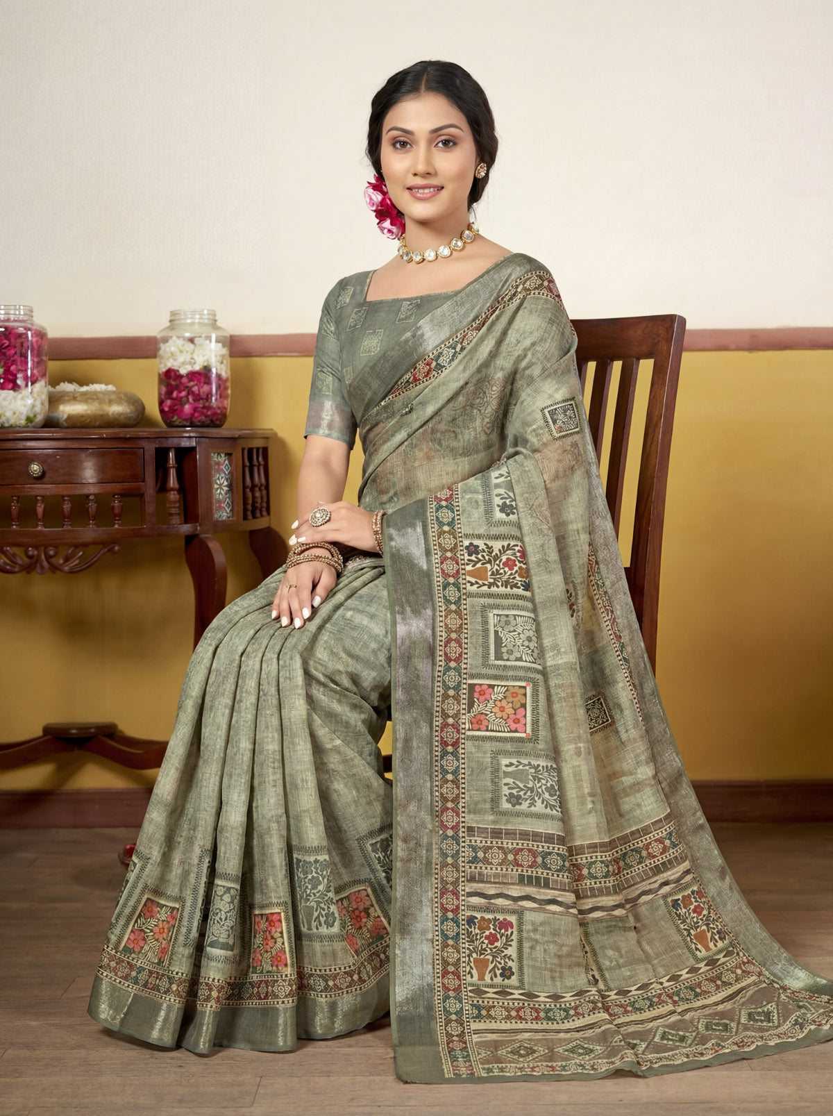 Rachna - Sea Green Linen Digital Print Saree with Woven Border