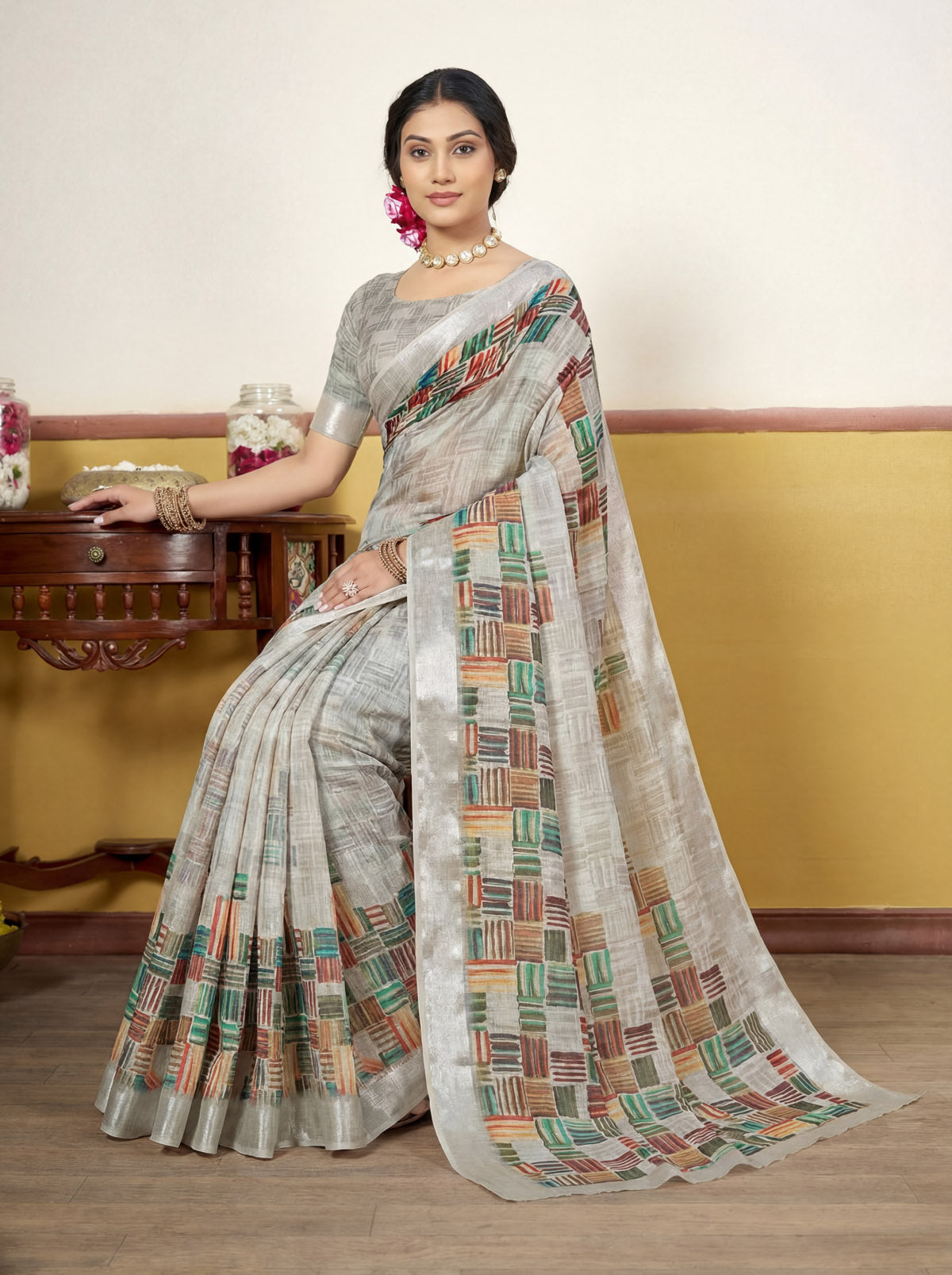 Rachna - Grey Linen Digital Print Saree with Woven Border