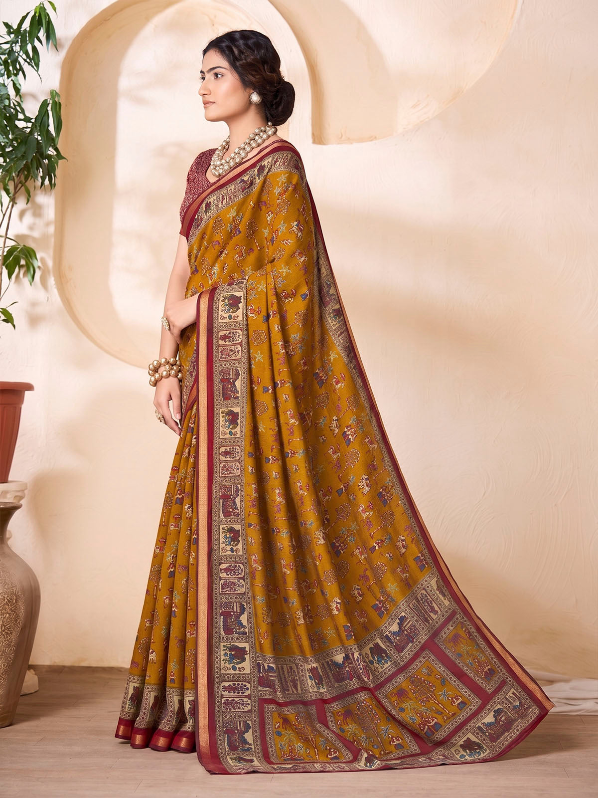 Monalisa - Yellow Chanderi Cotton Printed Saree with Classic Folk Art Print