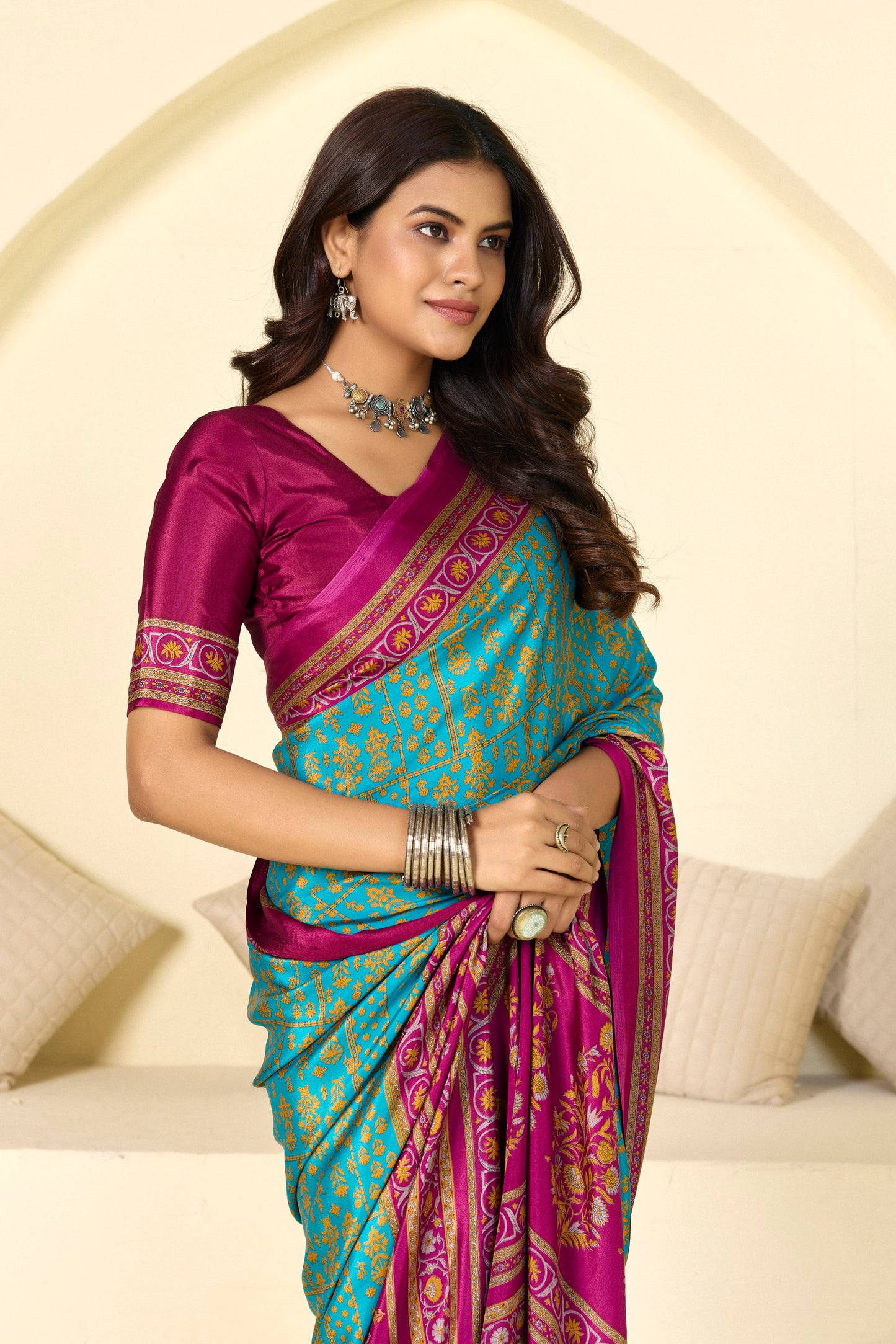 Rajkala - Teal Floral Printed Crepe Silk Saree