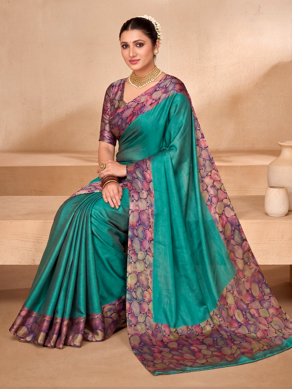 Ekvarna - Turquoise Printed Chiffon Saree