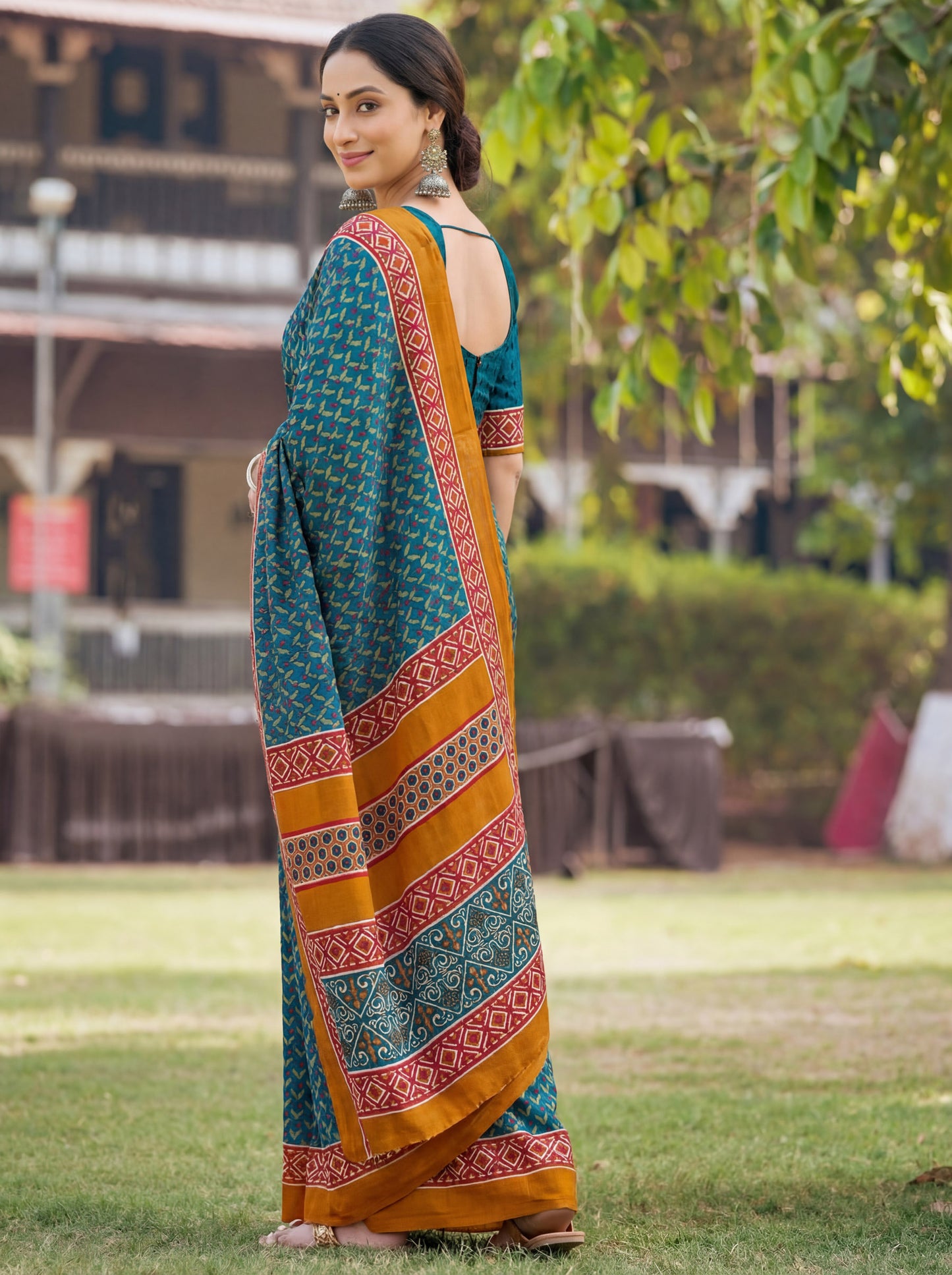 Rajkala - Aqua Blue Printed Crepe Silk Saree