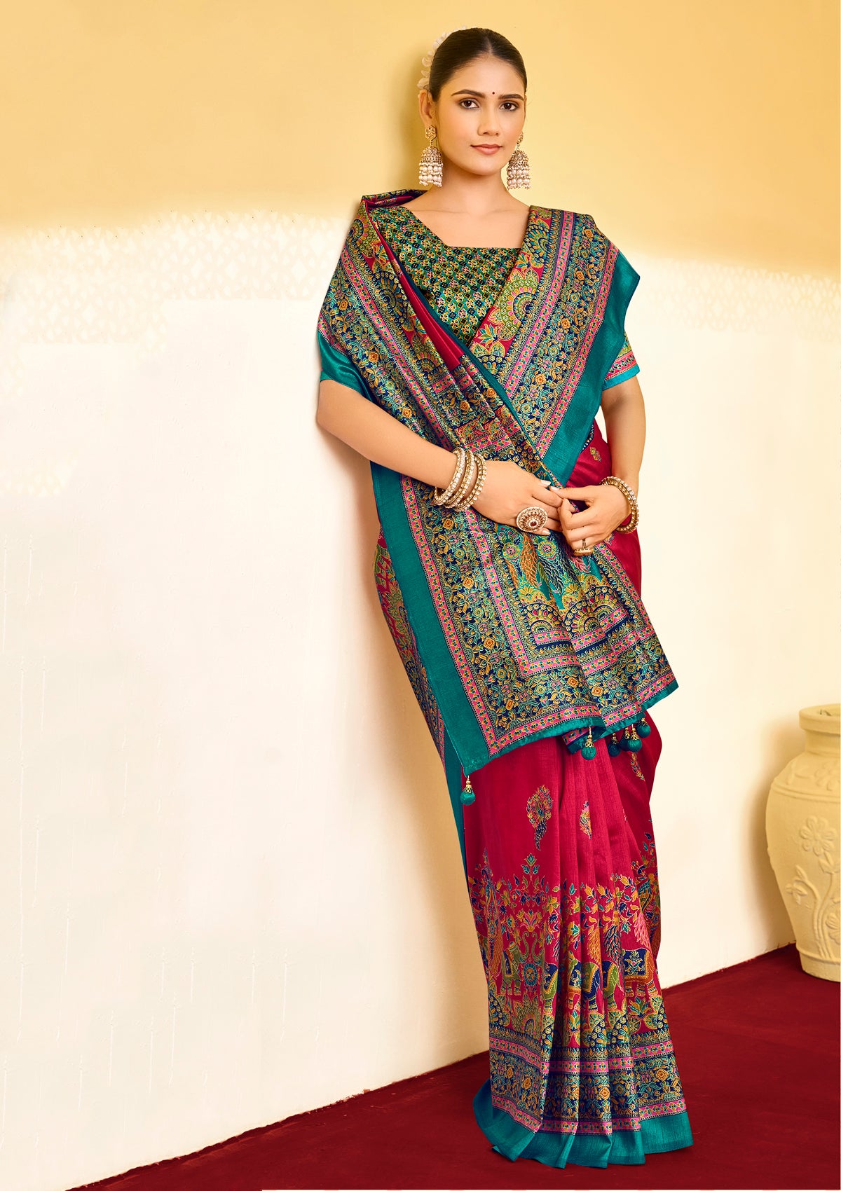 Kumuda - Red Silk Printed Saree with Delicate Foil Work