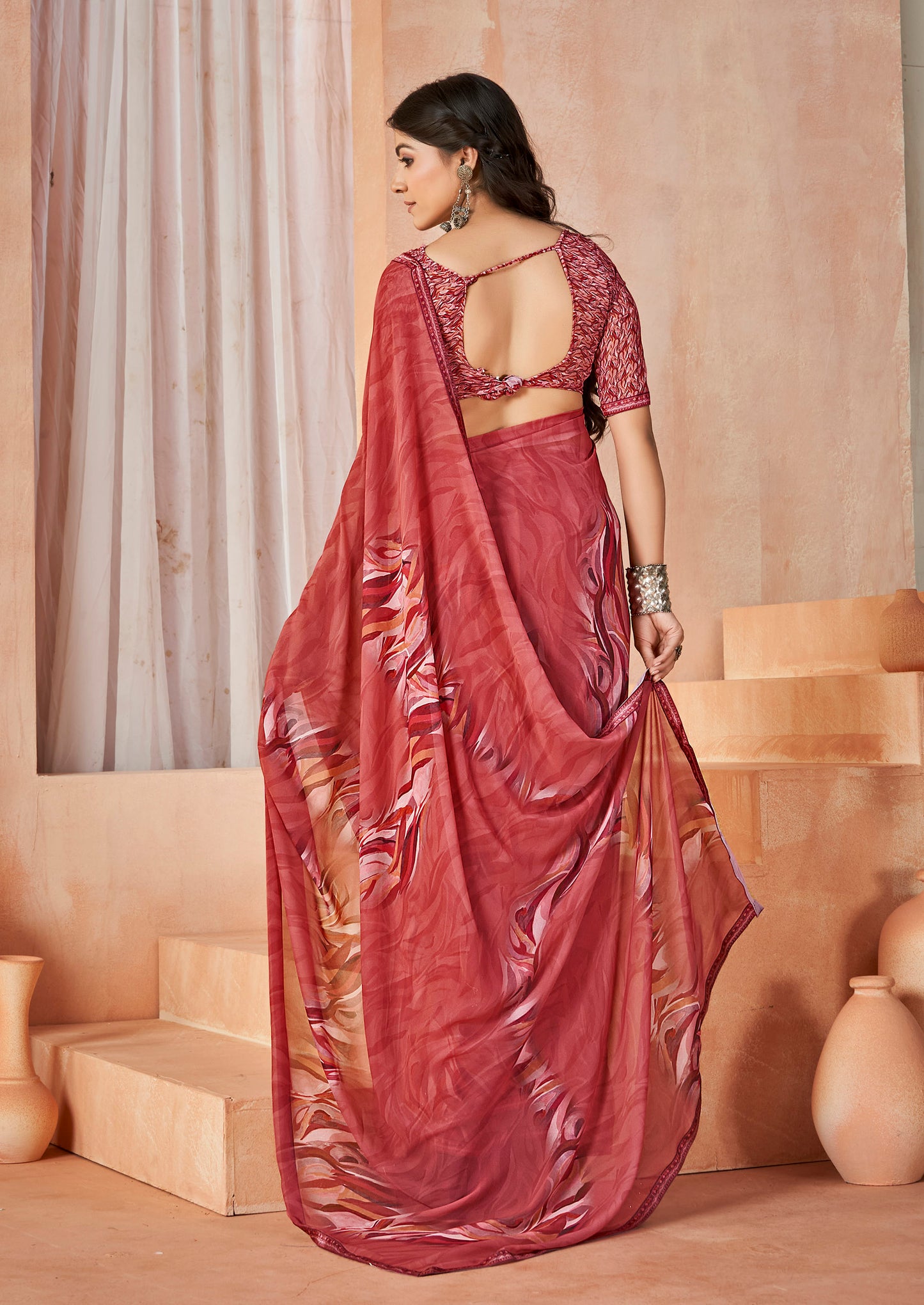 Sumedha - Peach Digital Printed Georgette Saree