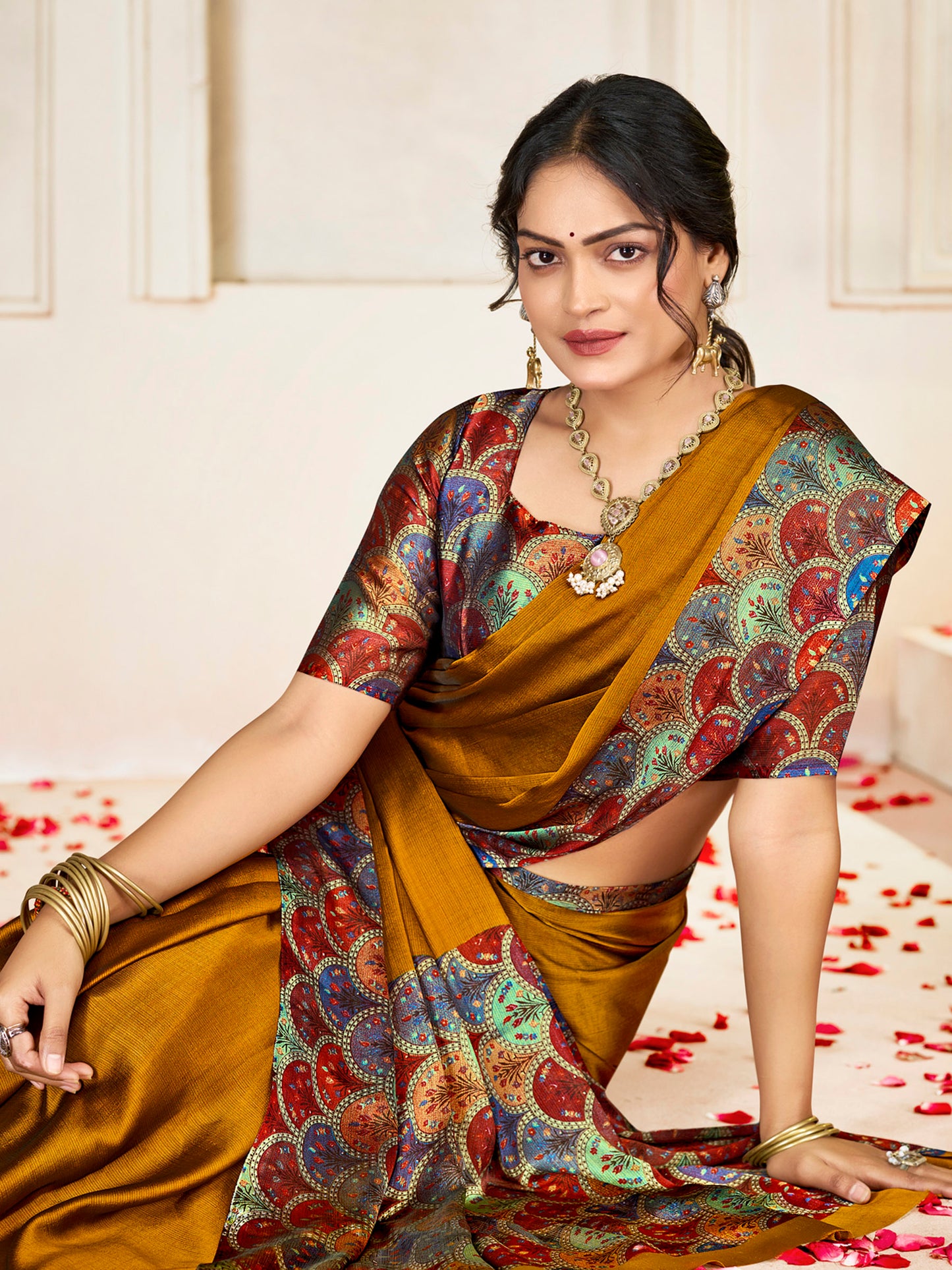 Ekvarna - Yellow Printed Chiffon Saree