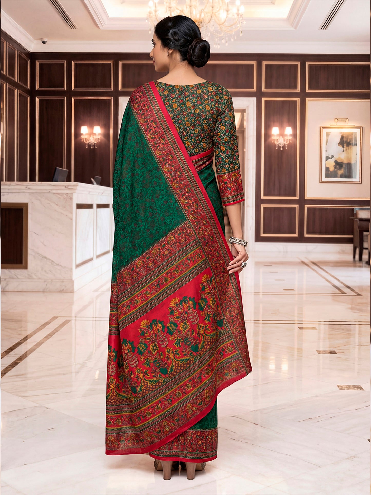 Chitrika - Forest Green Printed Crepe Silk Saree
