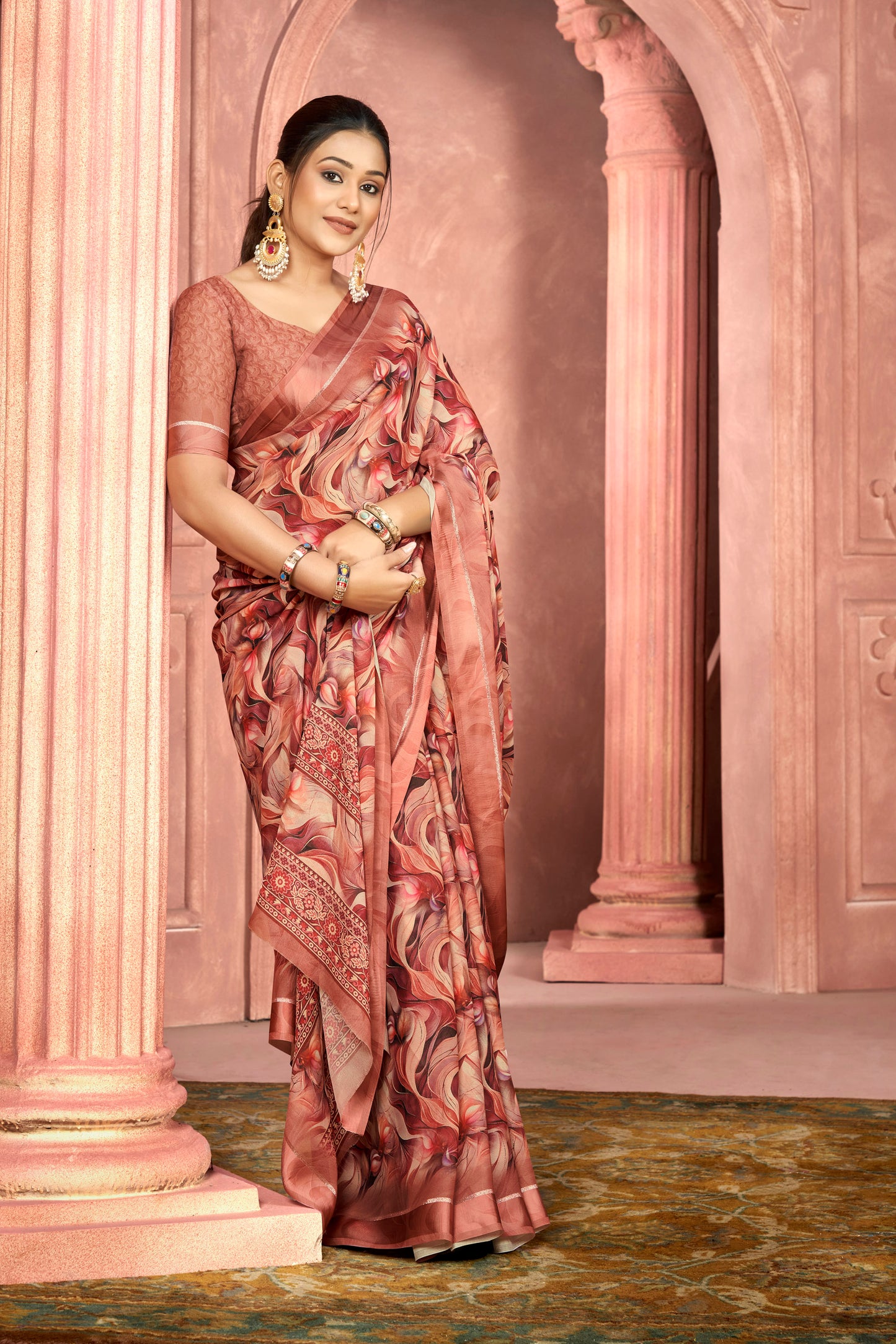 Samriddhi – Peach Moss Georgette Digital Print Saree with Satin Patta Border