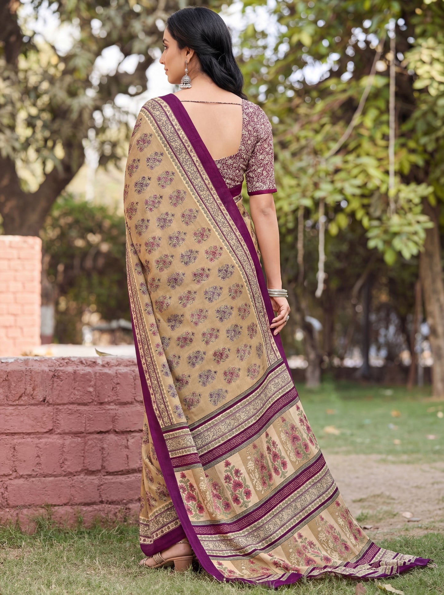 Rajkala - Beige Printed Crepe Silk Saree