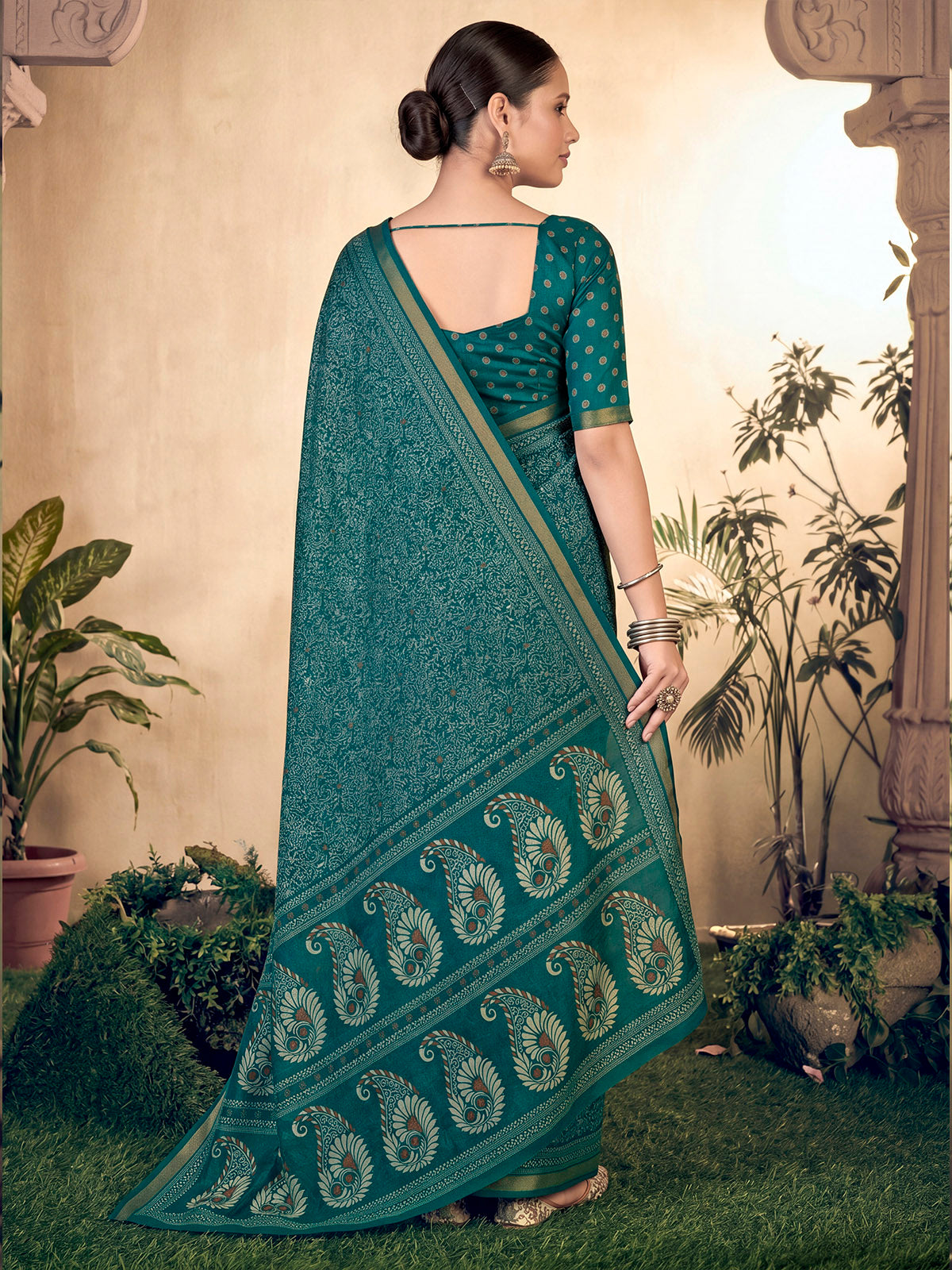 Amrapali - Teal Chanderi Cotton Digital Printed Saree with Zari Border