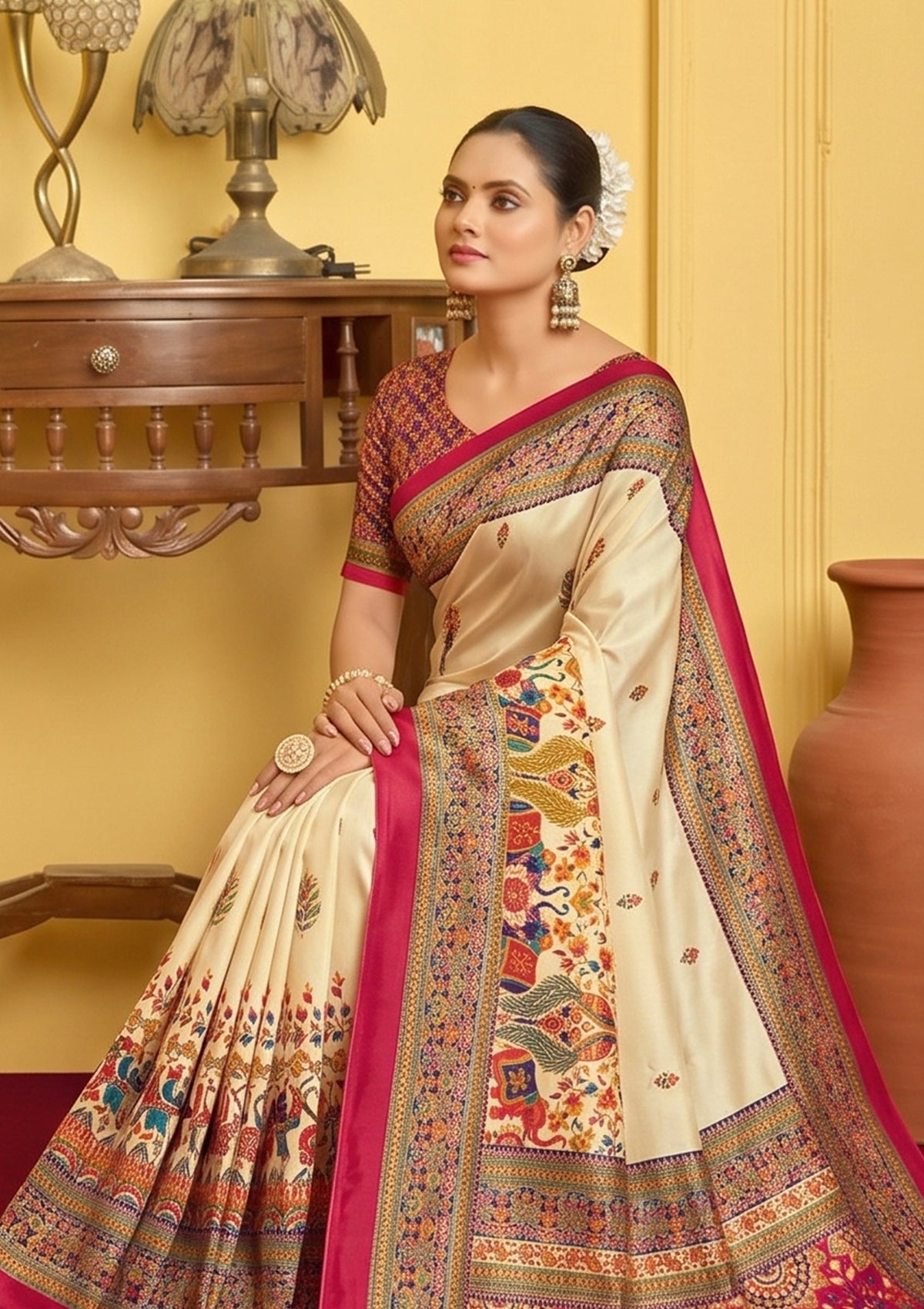 Kumuda - Cream Silk Printed Saree with Delicate Foil Work