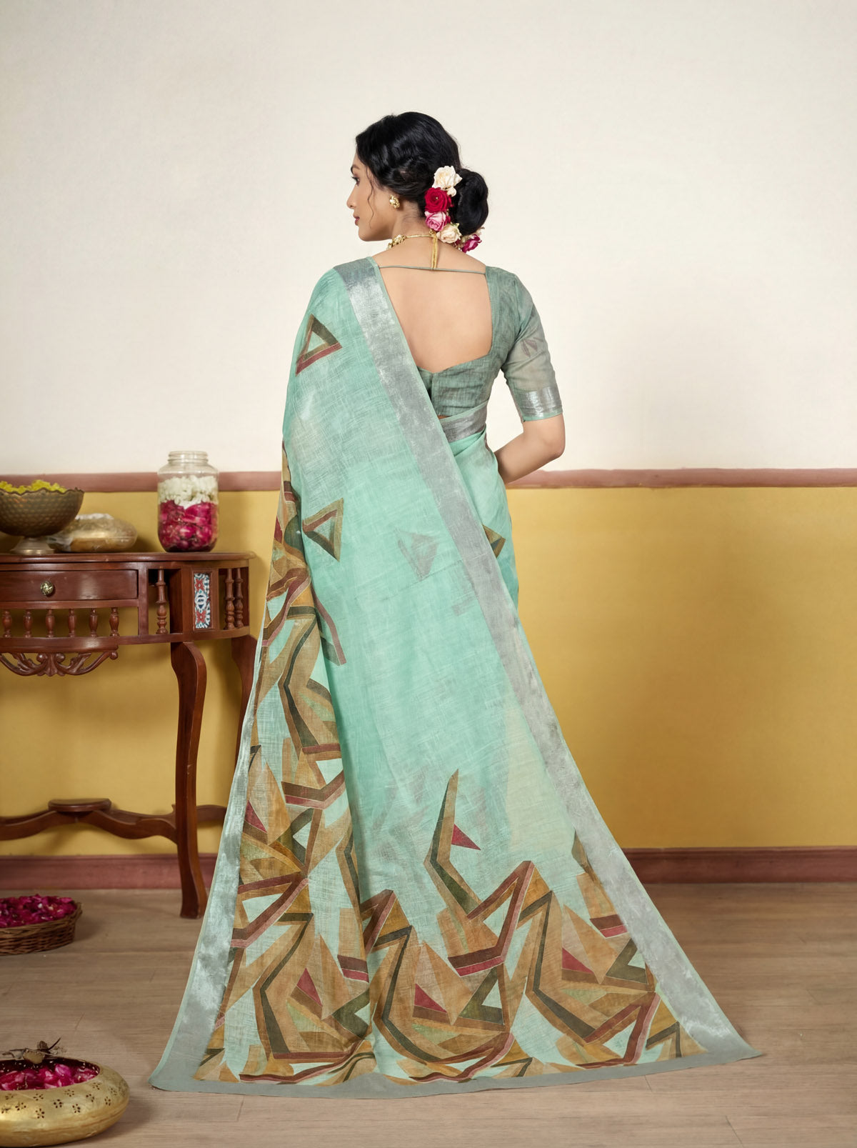 Rachna - Teal Linen Digital Print Saree with Woven Border