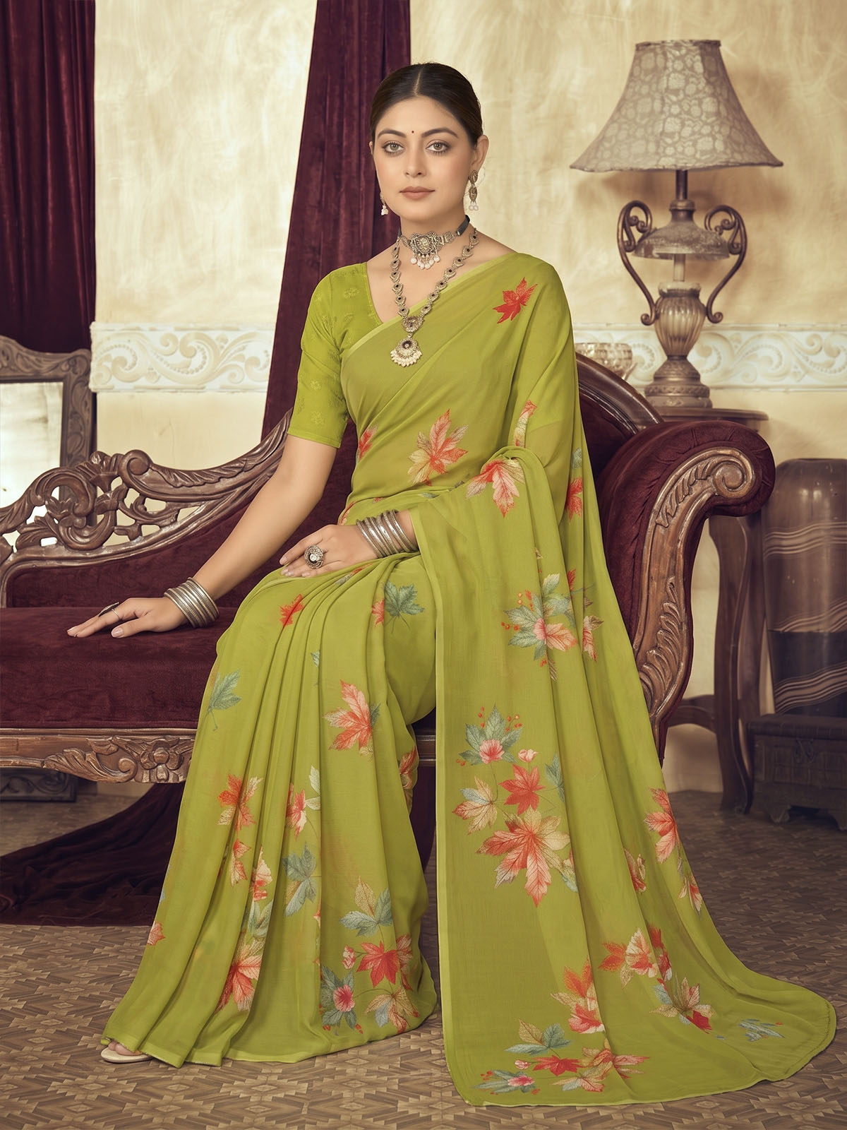 Riddhi - Green Georgette Floral Digital Printed Saree
