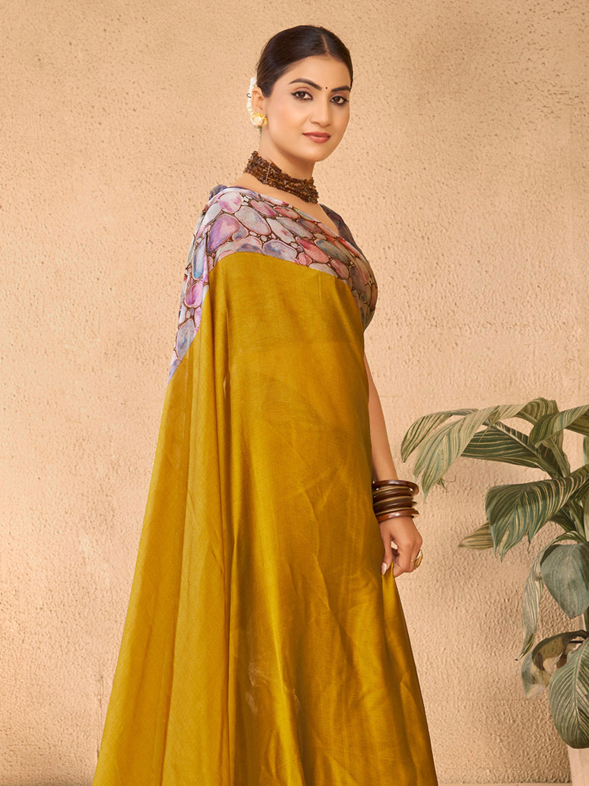 Ekvarna - Yellow Printed Chiffon Saree