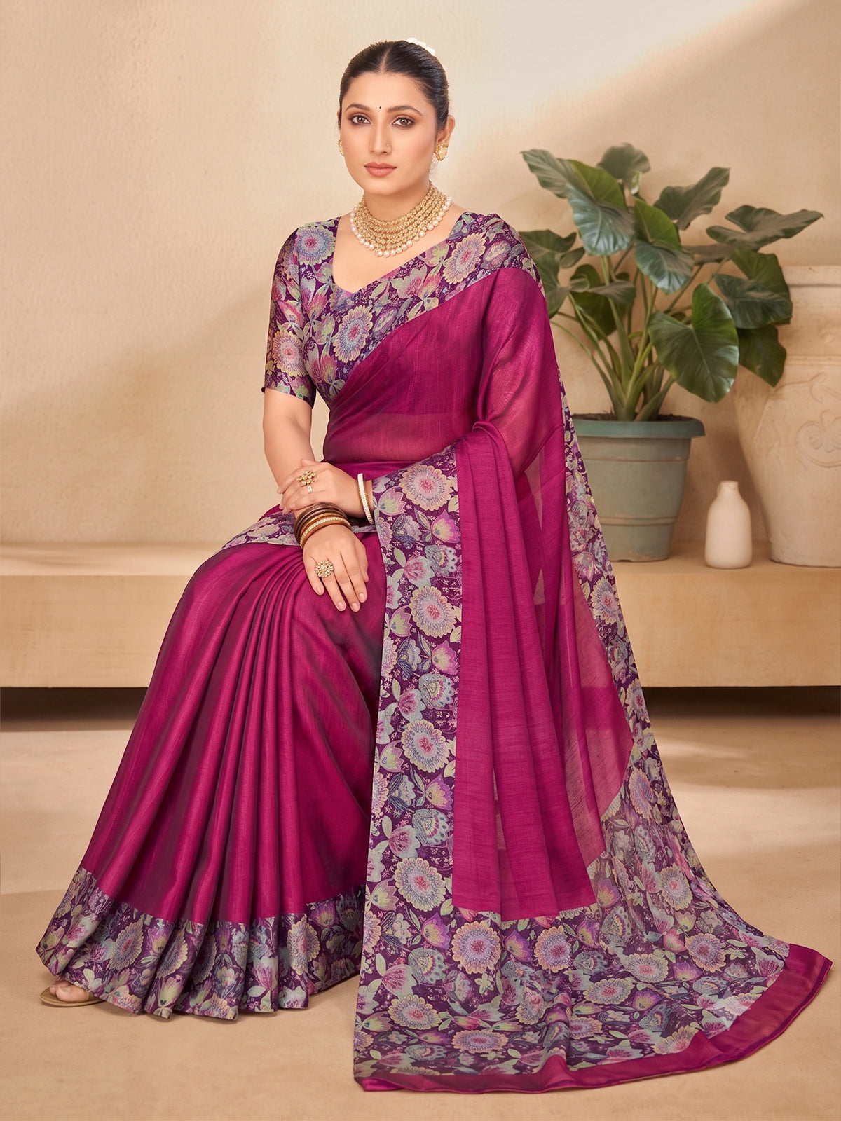 Ekvarna - Purple Printed Chiffon Saree