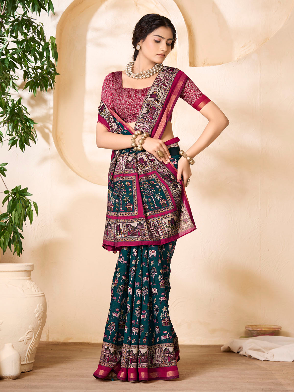 Monalisa - Blue Chanderi Cotton Printed Saree with Classic Folk Art Print