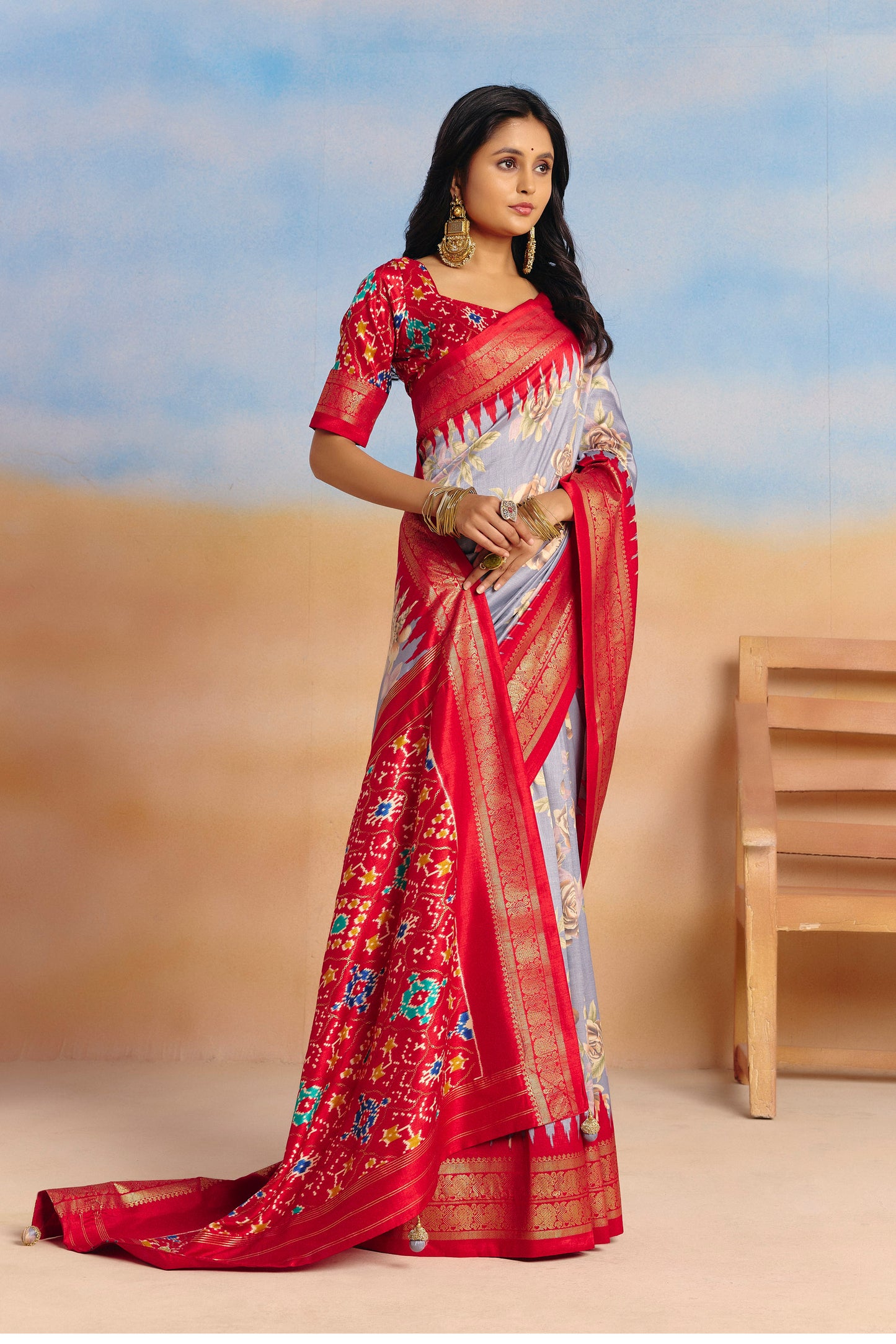 Rangrekha - Grey Floral Printed Soft Silk Saree