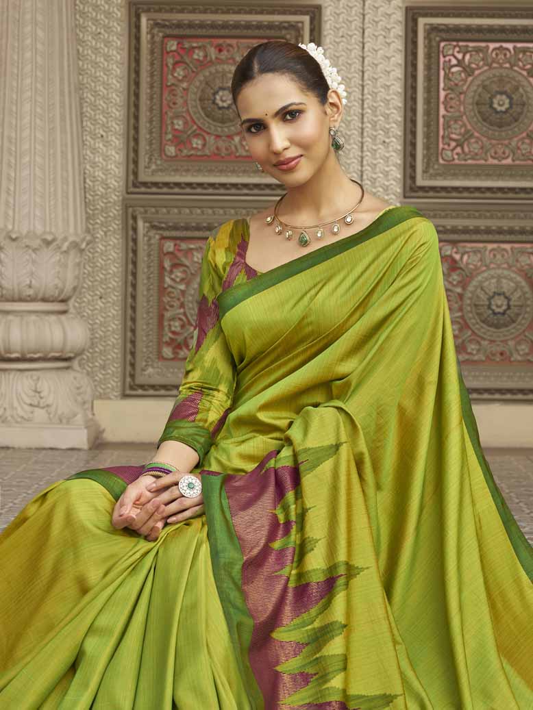 Gulmarg - Parrot Green Silk Digital Printed Saree with Zari Border