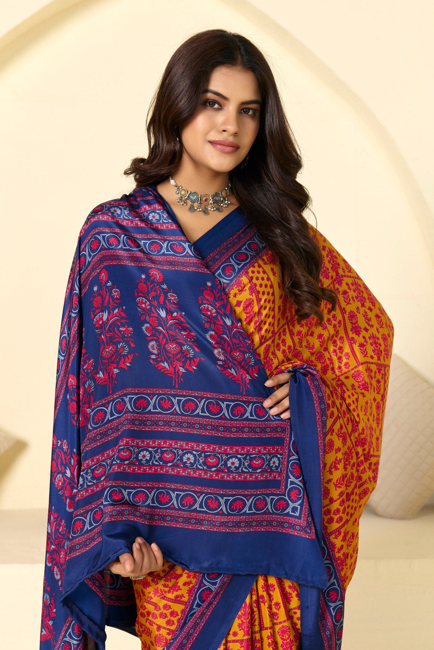 Rajkala - Yellow Floral Printed Crepe Silk Saree