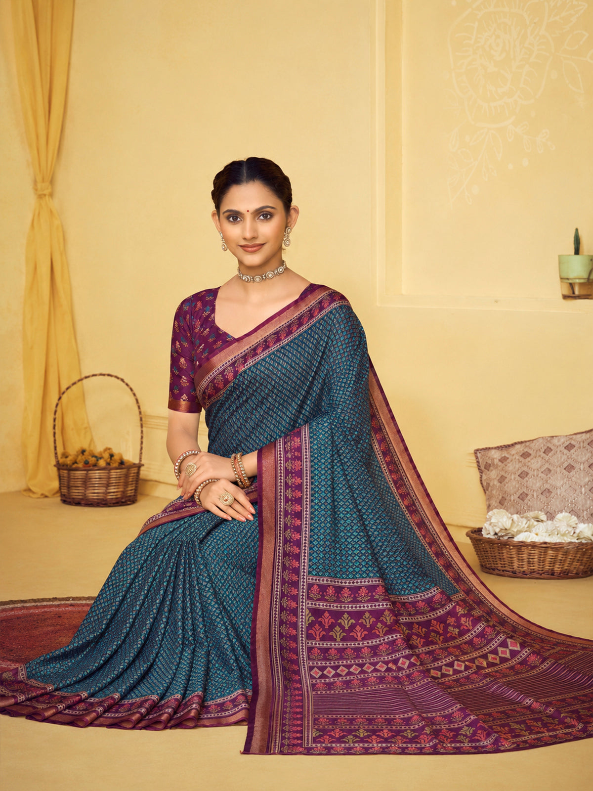 Amrapali - Blue Chanderi Cotton Digital Printed Saree with Zari Border