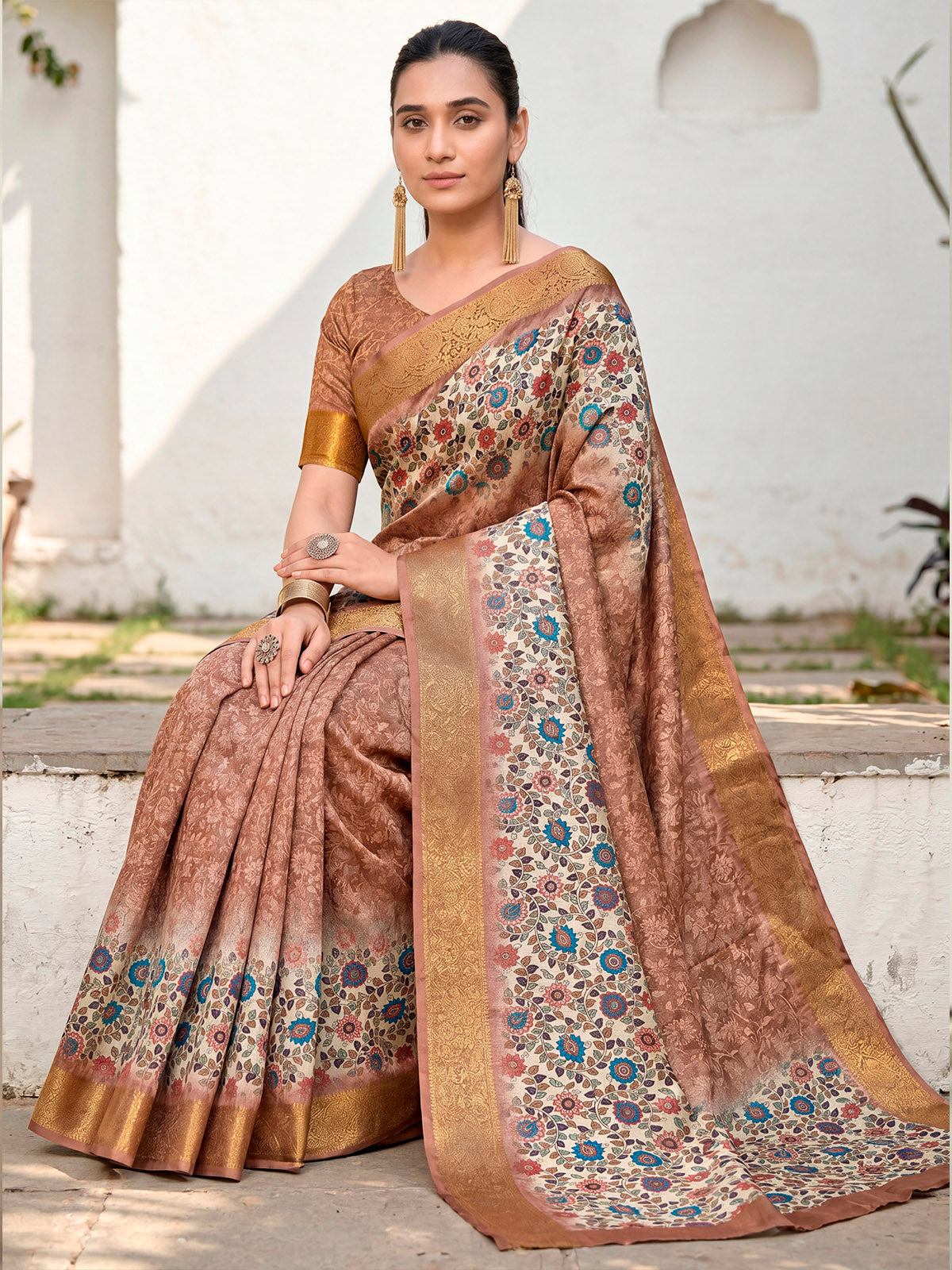 Varnika - Bronze Digital Printed Moss Georgette Saree with Woven Border