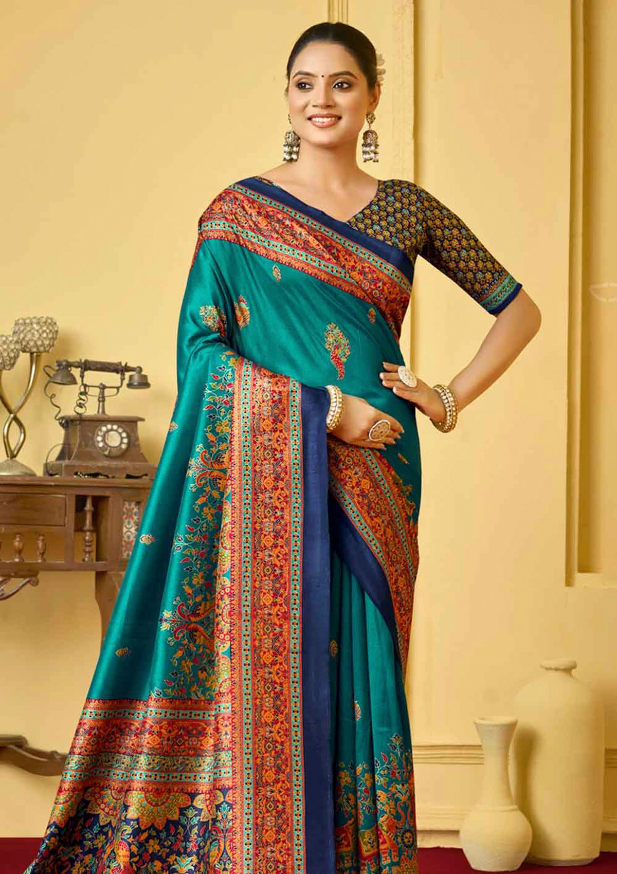 Kumuda - Turquoise Silk Printed Saree with Delicate Foil Work