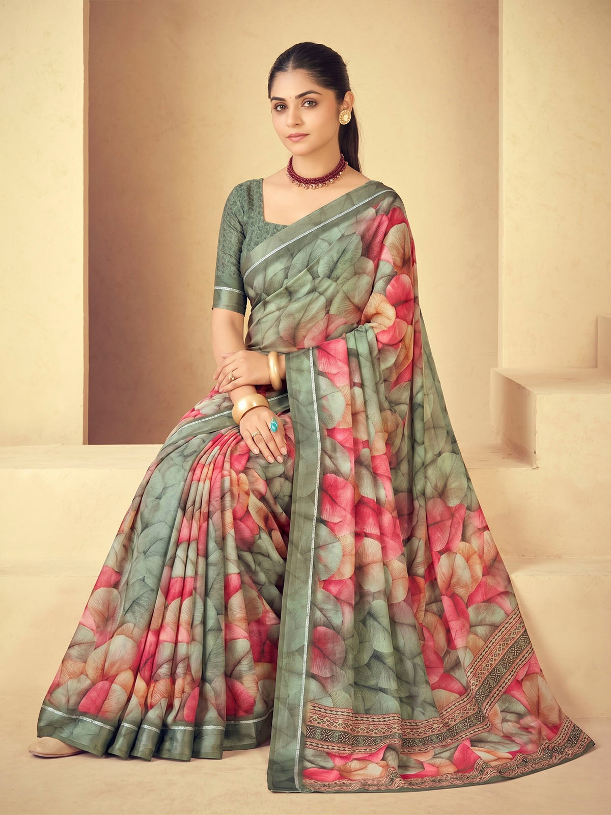 Samriddhi - Olive Green Moss Georgette Digital Print Saree with Satin Patta Border
