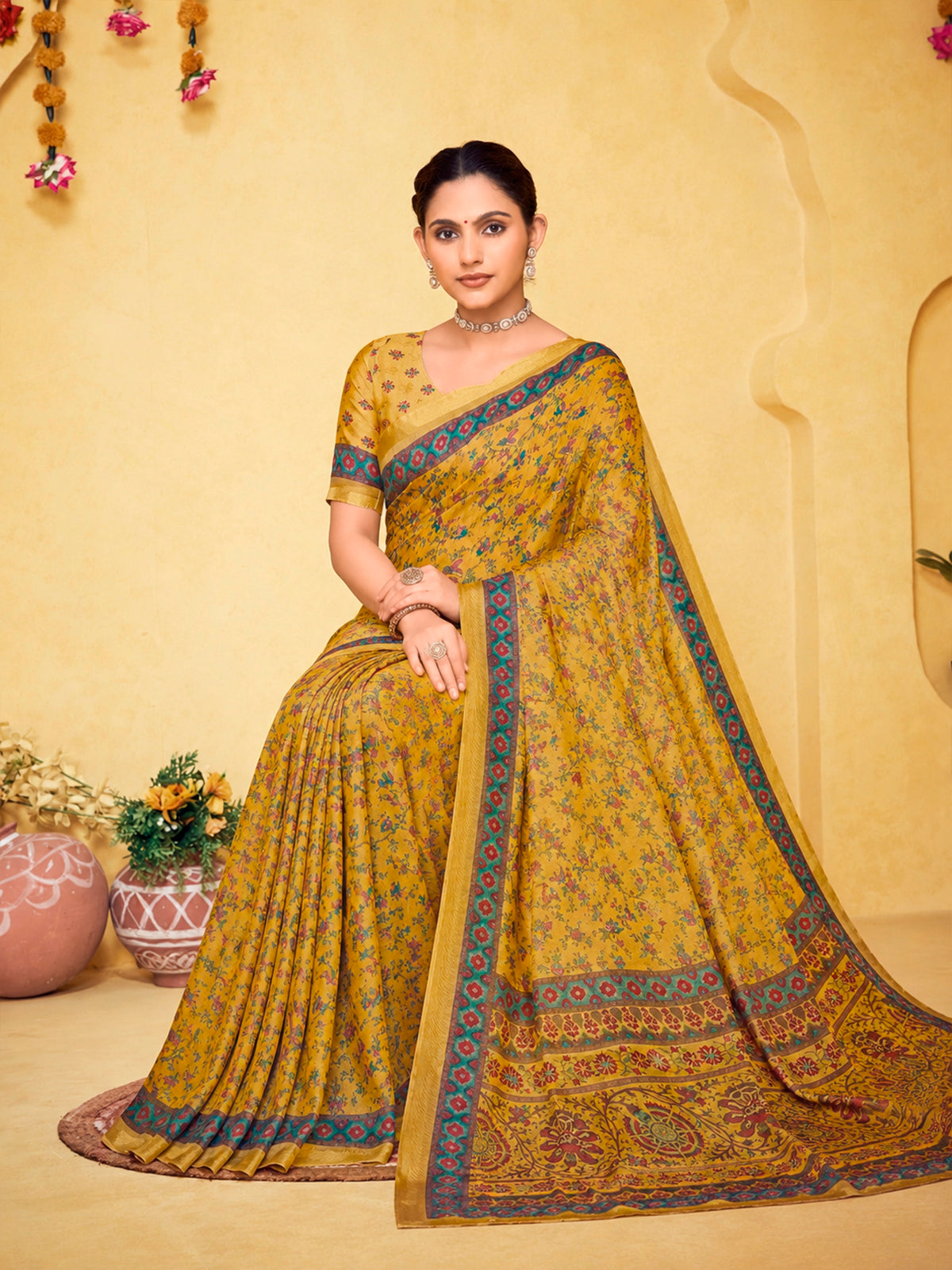 Amrapali - Yellow Chanderi Cotton Digital Printed Saree with Zari Border