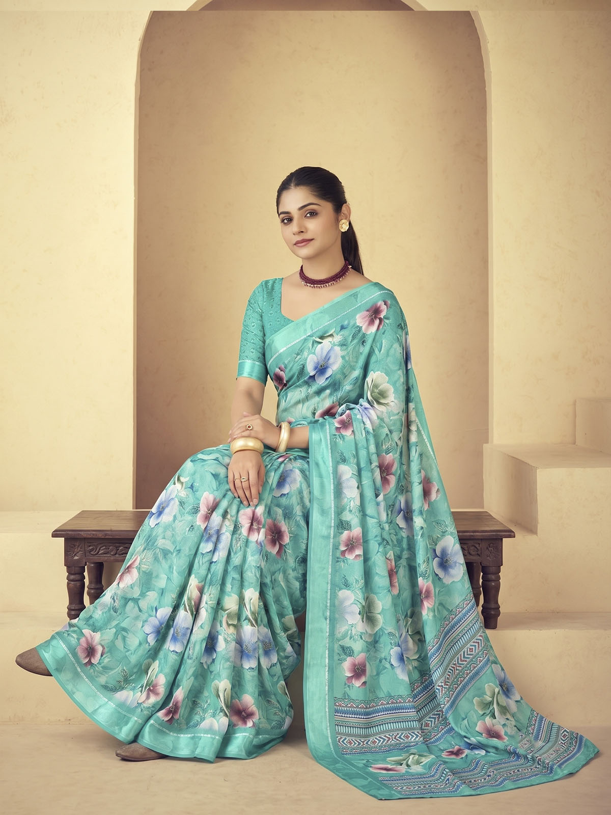 Samriddhi - Turquoise Moss Georgette Digital Print Saree with Satin Patta Border