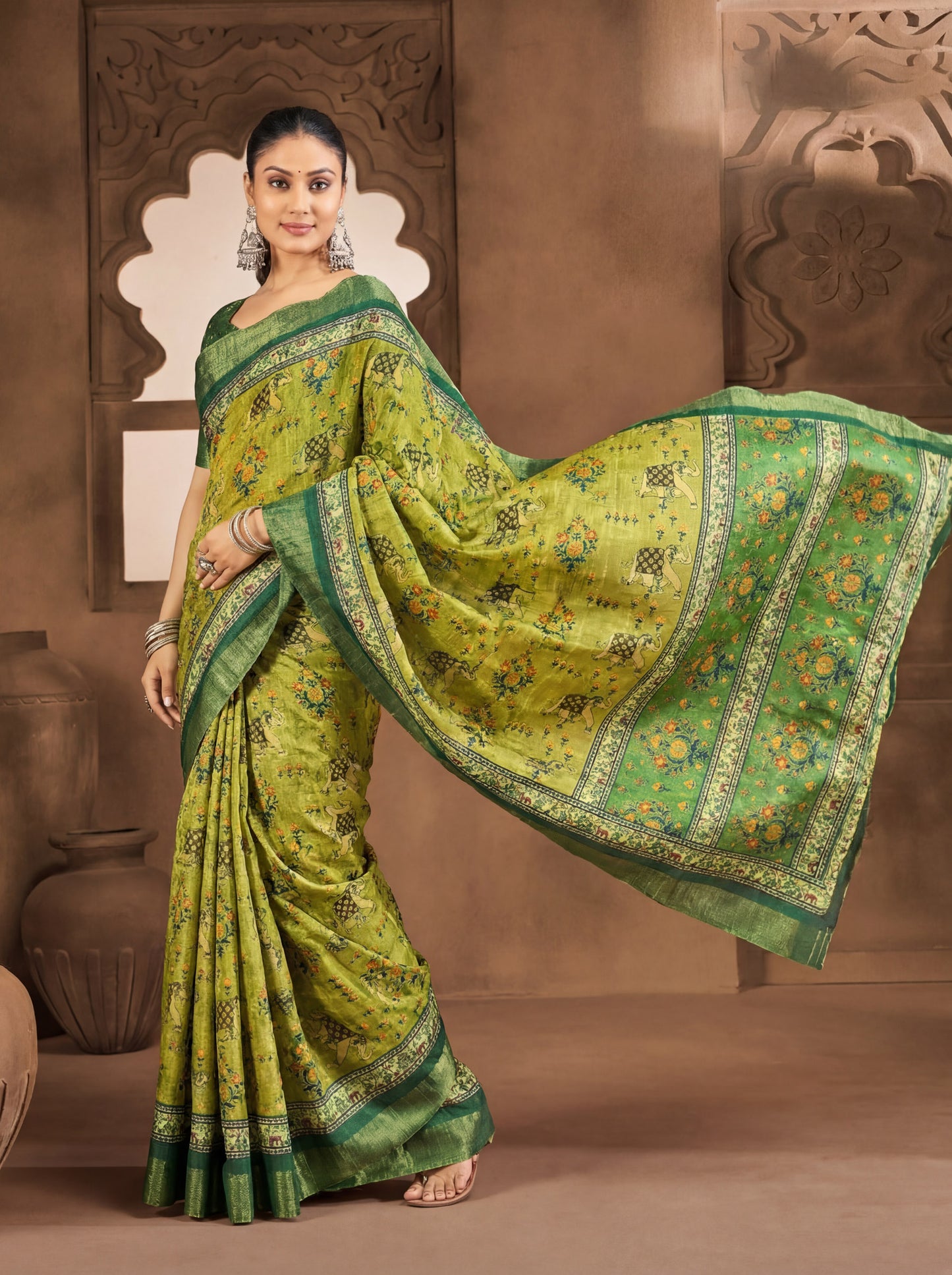 Devsena – Lime Green Silk Digital Print Saree