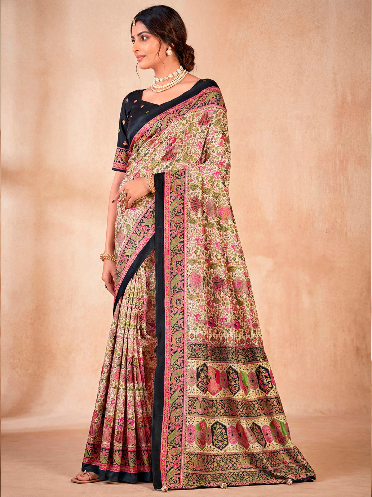 Kumuda - Black Mysore Silk Jari Printed with Tessals
