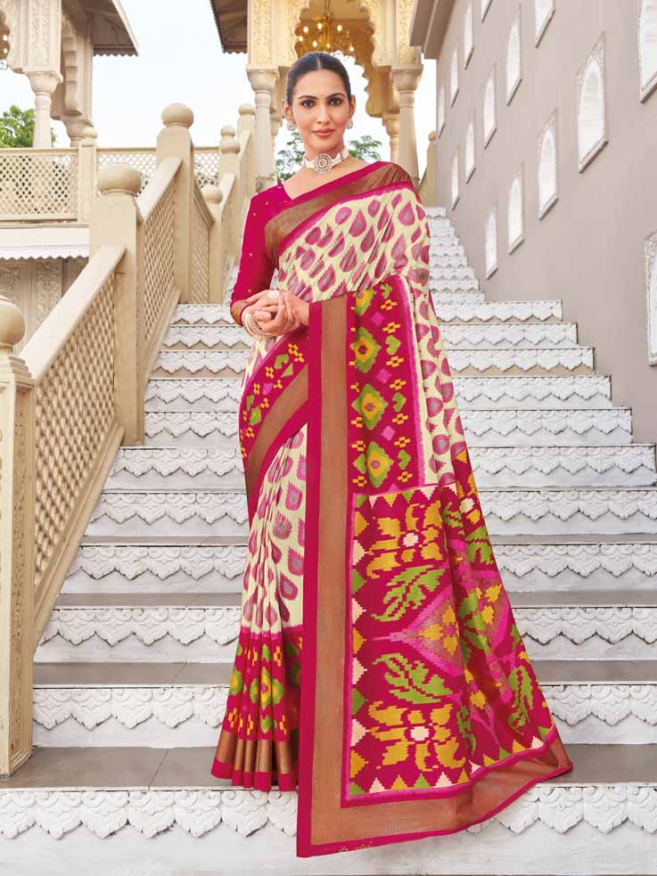 Gulmarg - Cream Silk Digital Printed Saree with Zari Border