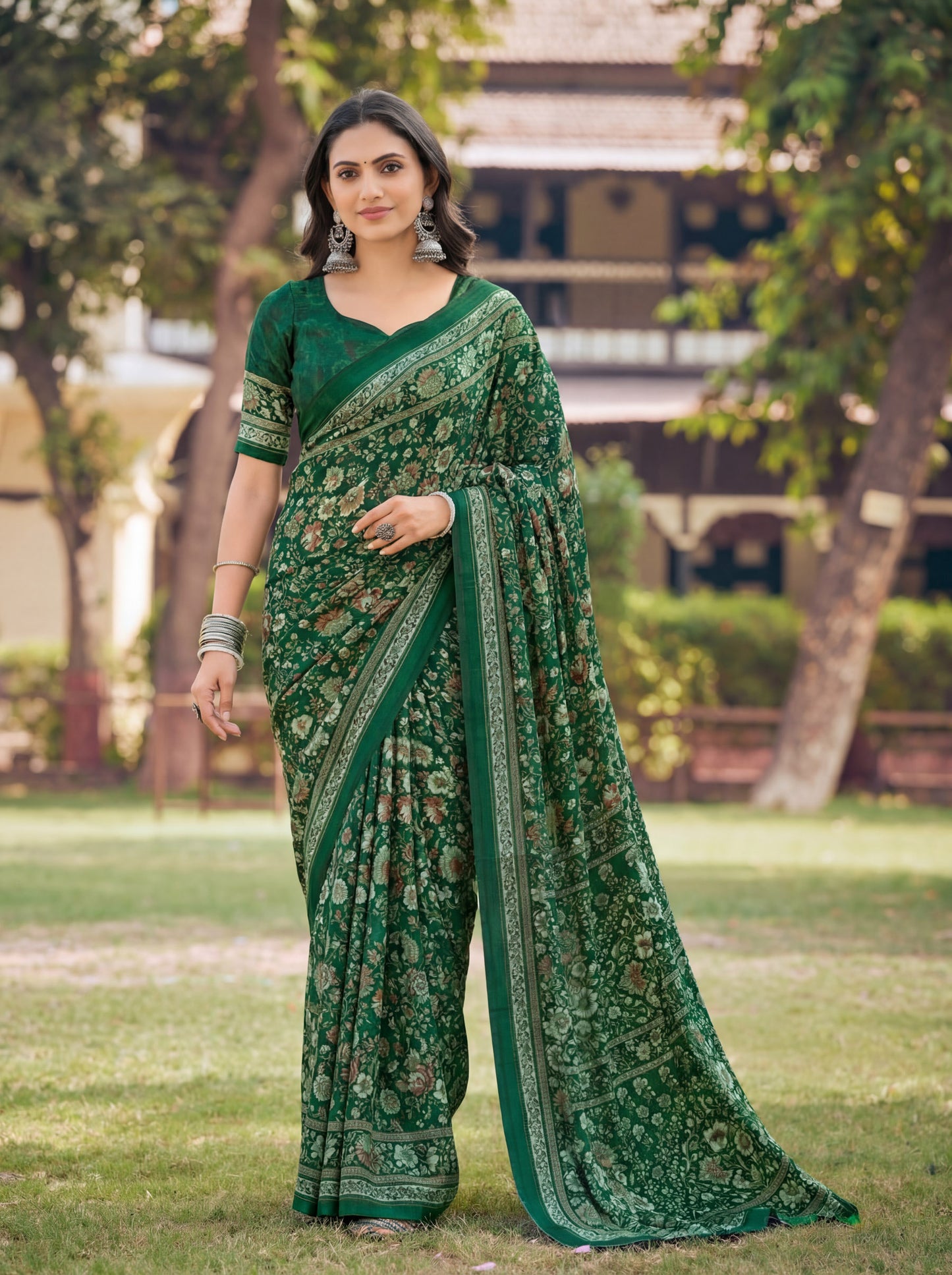 Rajkala - Green Printed Crepe Silk Saree