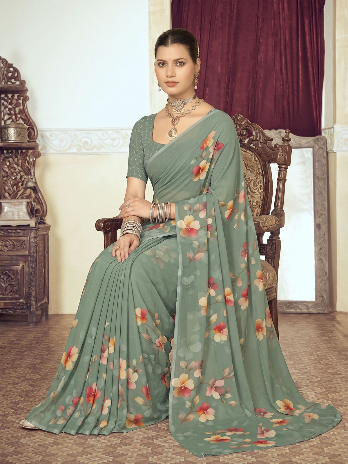 Riddhi - Olive Green Georgette Floral Digital Printed Saree