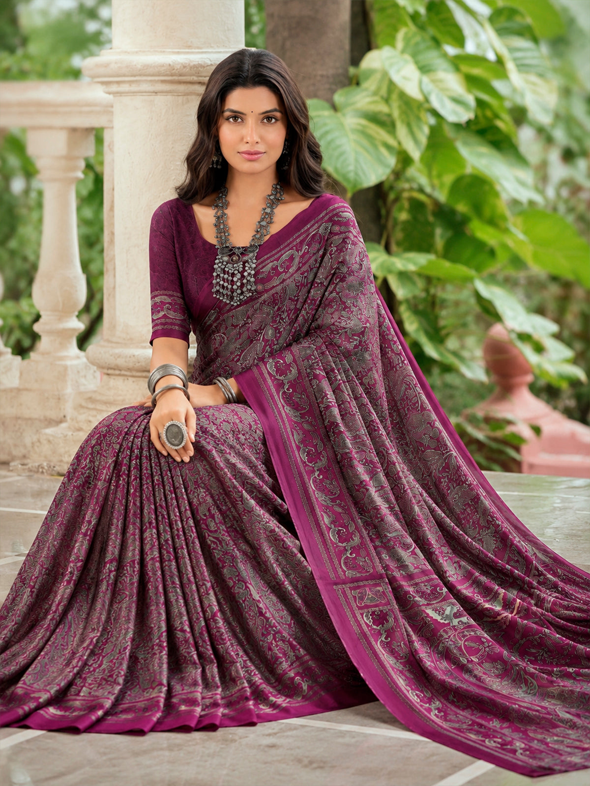 Rajkala - Purple Printed Crepe Silk Saree