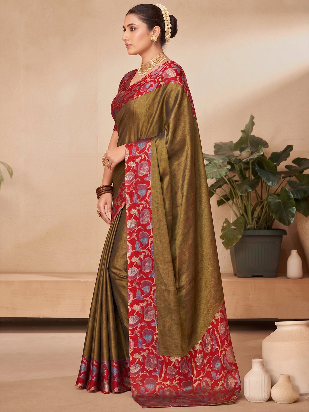 Ekvarna - Olive Green Printed Chiffon Saree