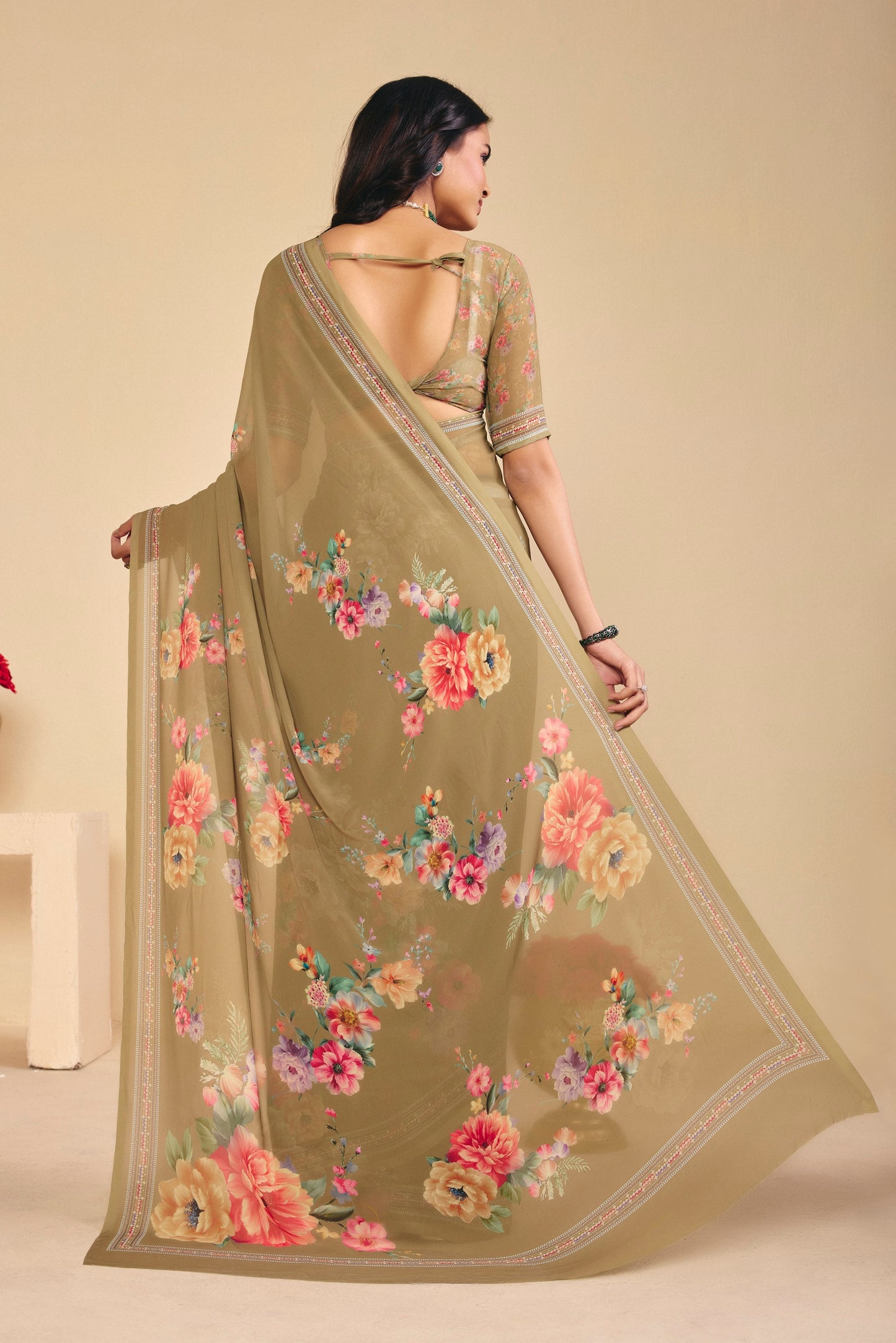 Twisha - Olive Green Georgette Digital Printed Saree