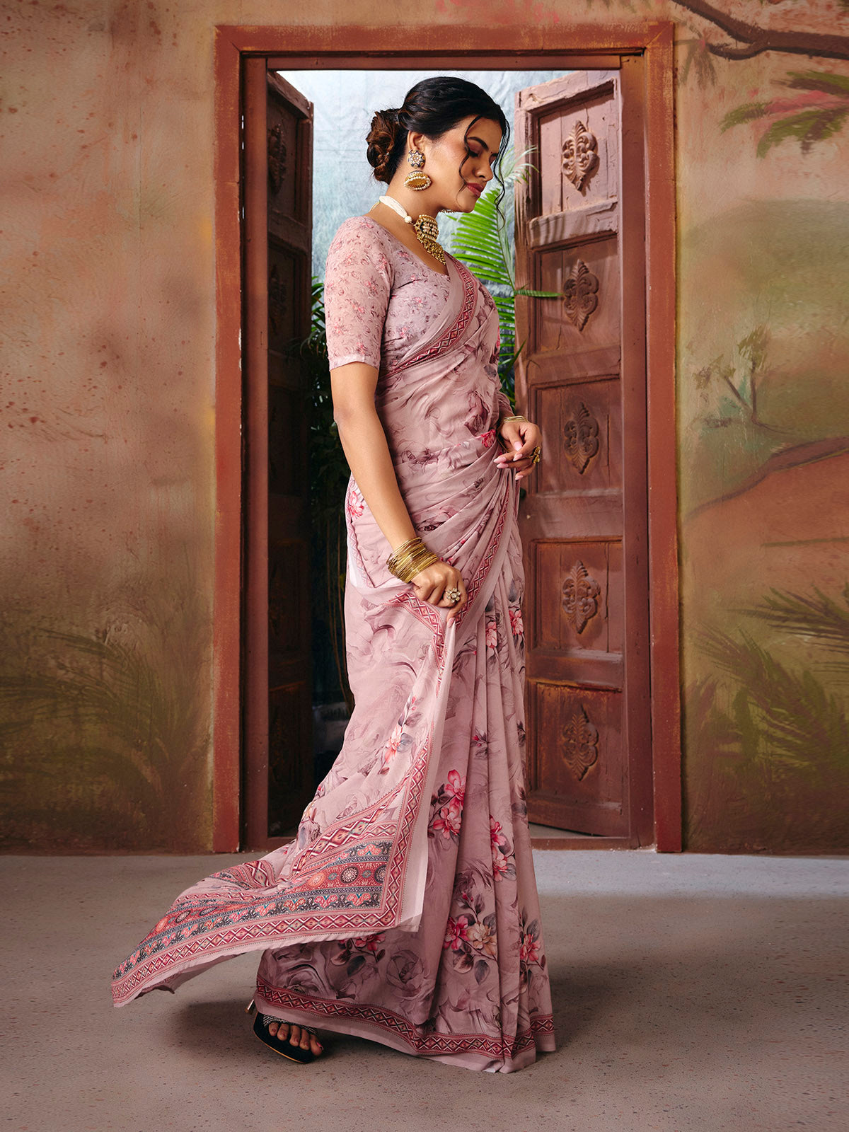 Riddhi - Rose Brown Georgette Floral Digital Printed Saree