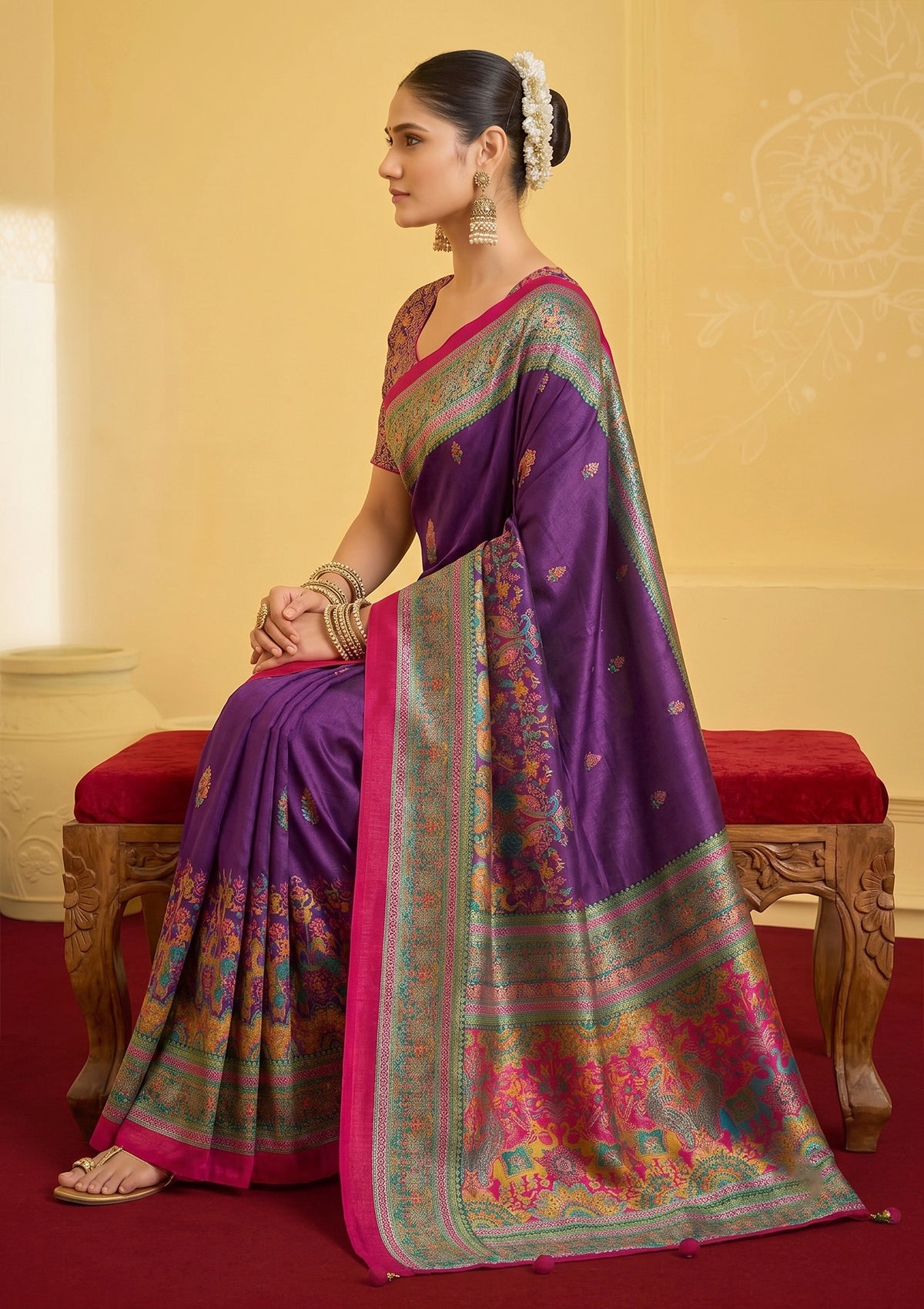 Kumuda - Purple Silk Printed Saree with Delicate Foil Work