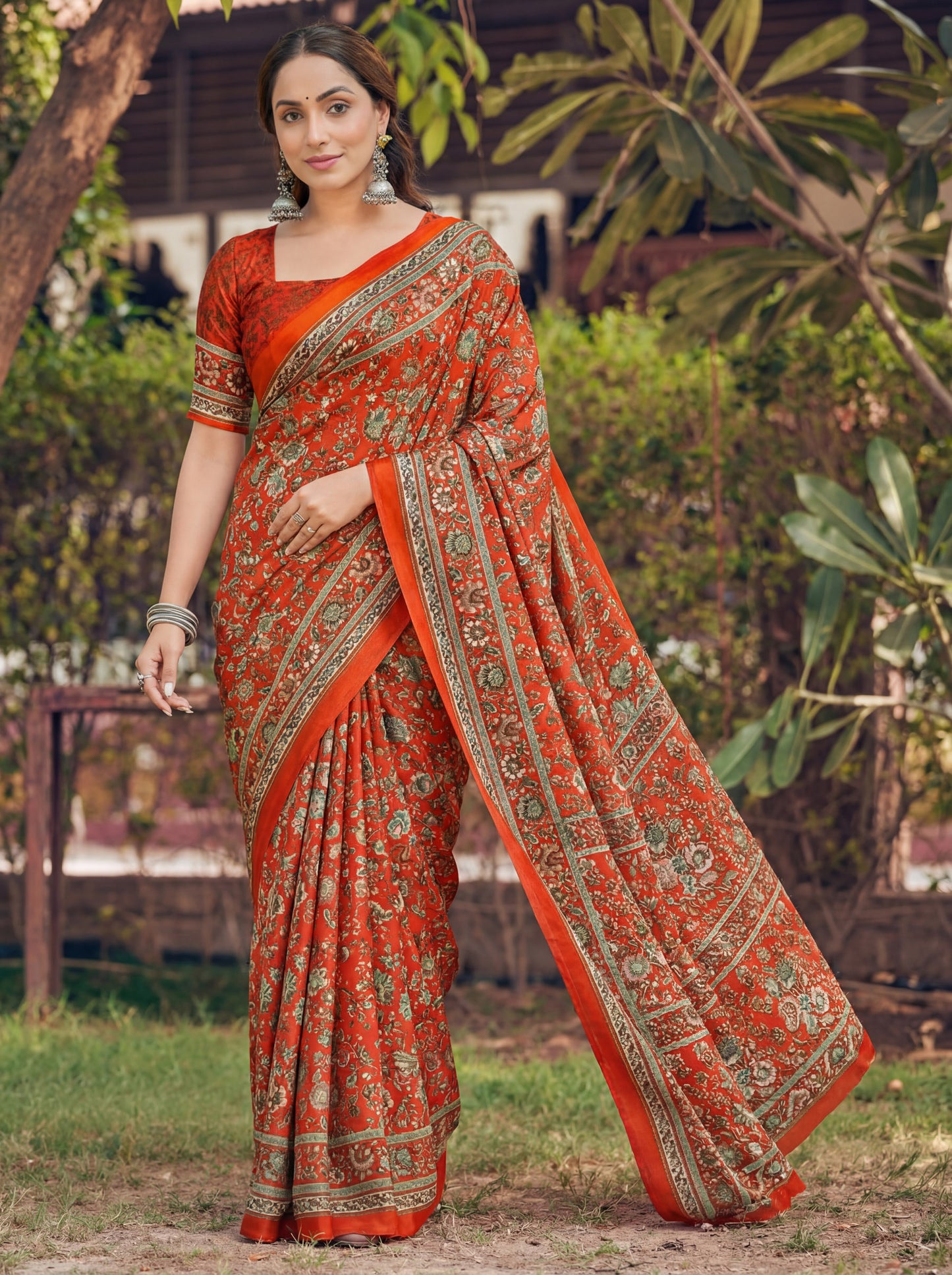 Rajkala - Brick Red Printed Crepe Silk Saree
