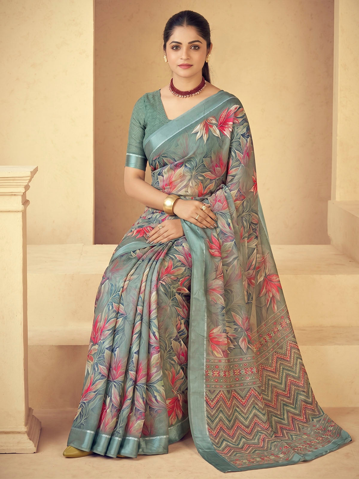 Samriddhi - Sage Green Moss Georgette Digital Print Saree with Satin Patta Border