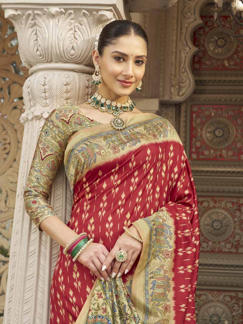 Gulmarg - Red Silk Digital Printed Saree with Zari Border