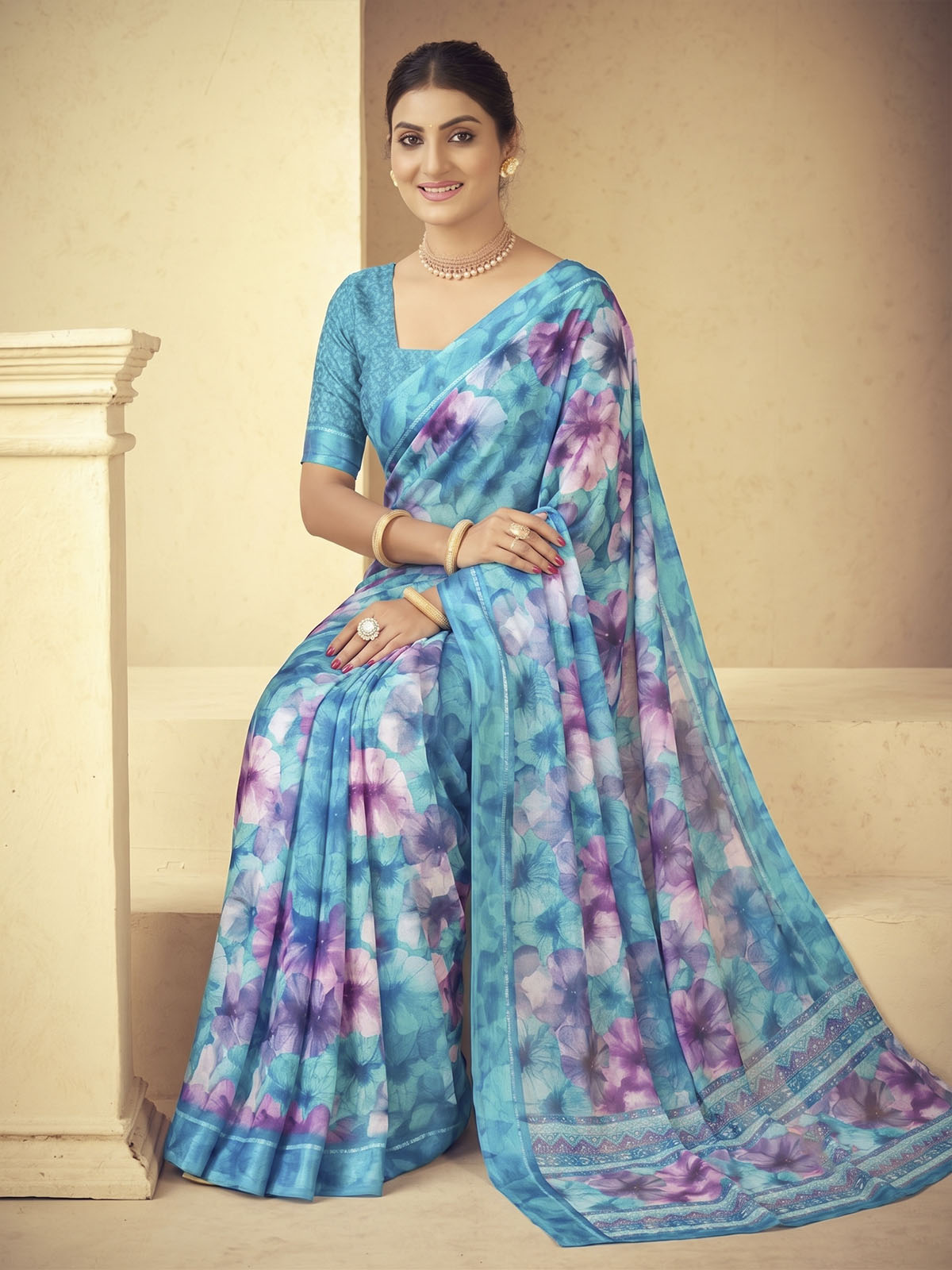 Samriddhi - Aqua Blue Moss Georgette Digital Print Saree with Satin Patta Border