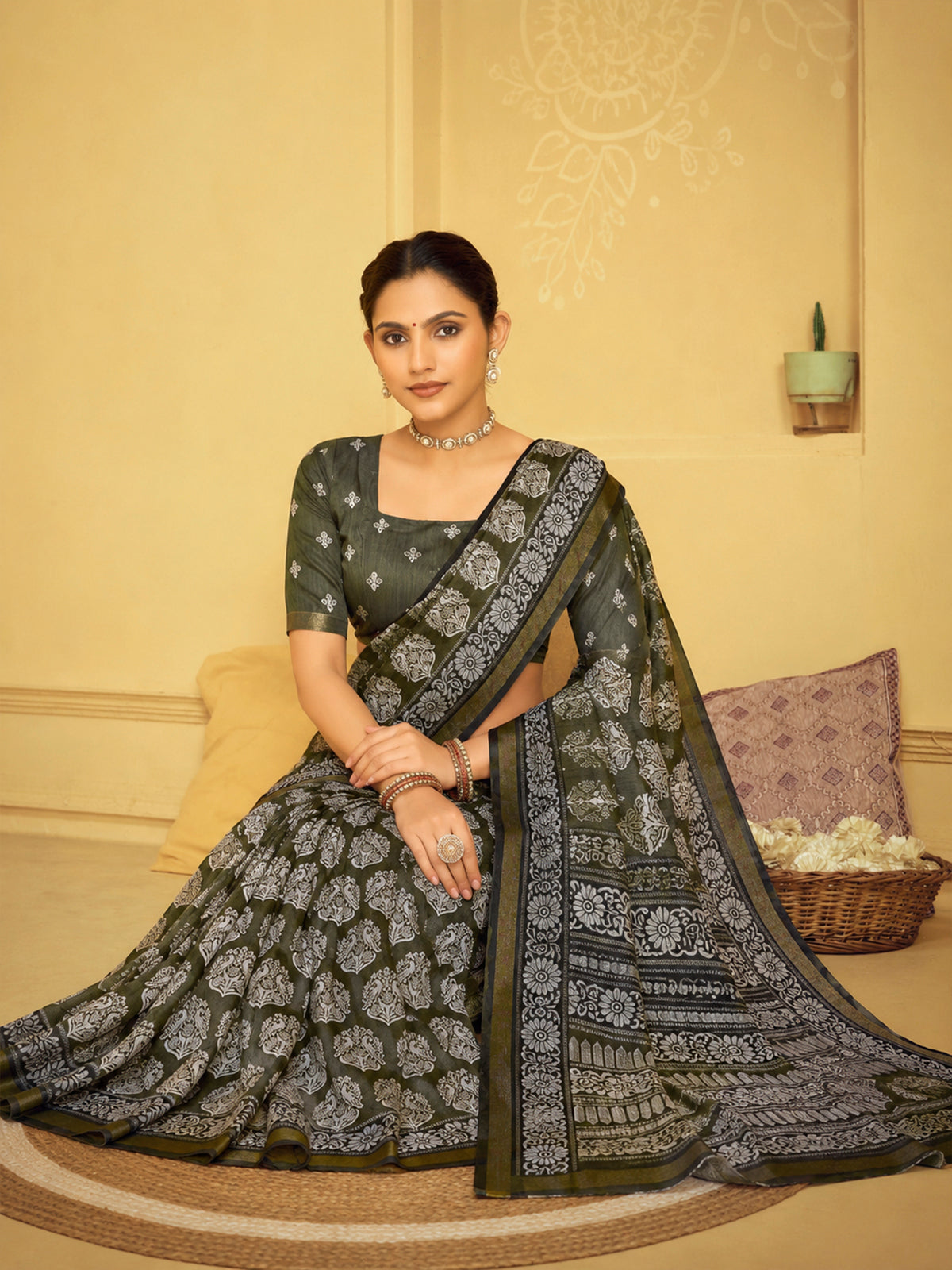 Amrapali - Olive Garden Chanderi Cotton Digital Printed Saree with Zari Border