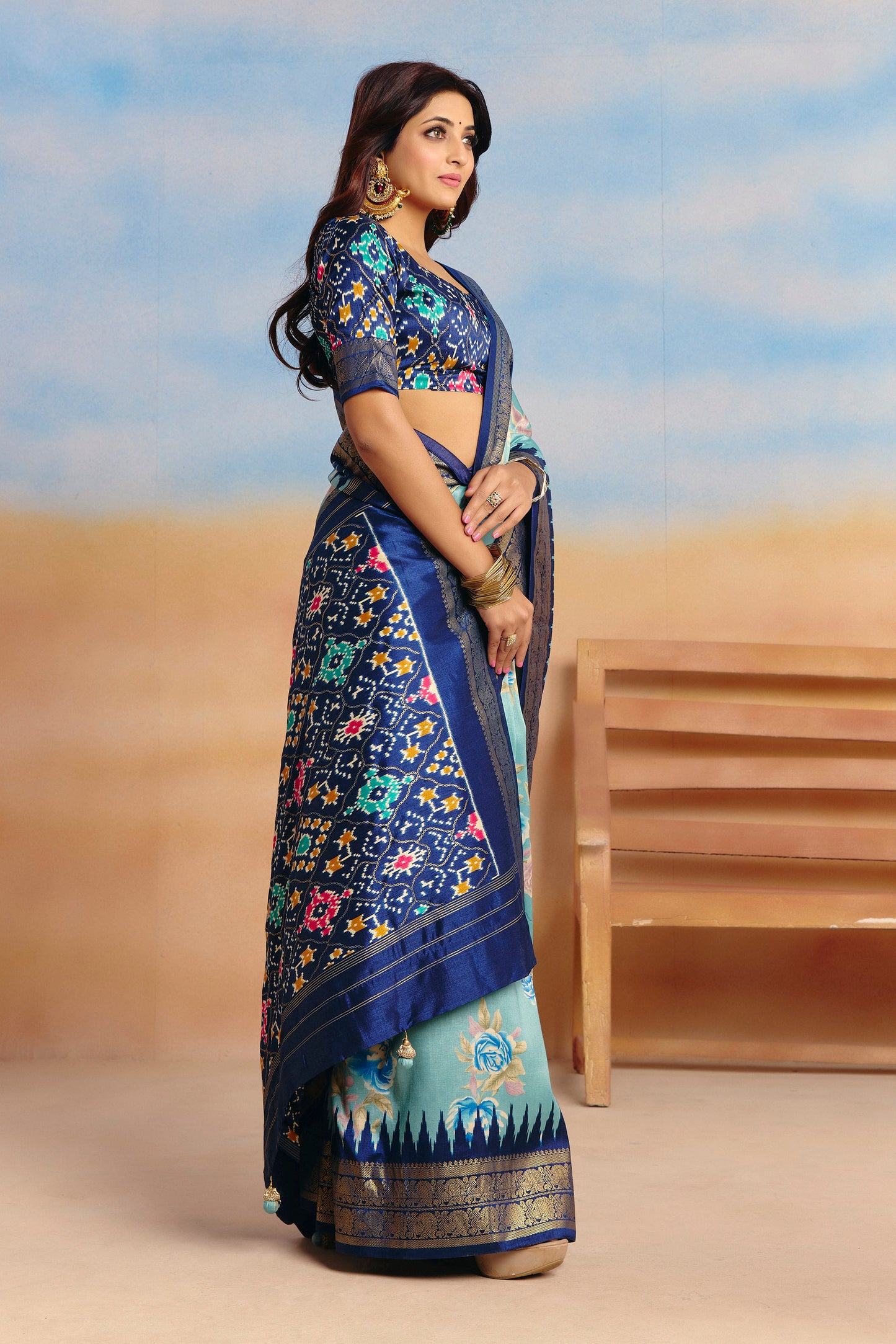 Rangrekha - Teal Floral Printed Soft Silk Saree