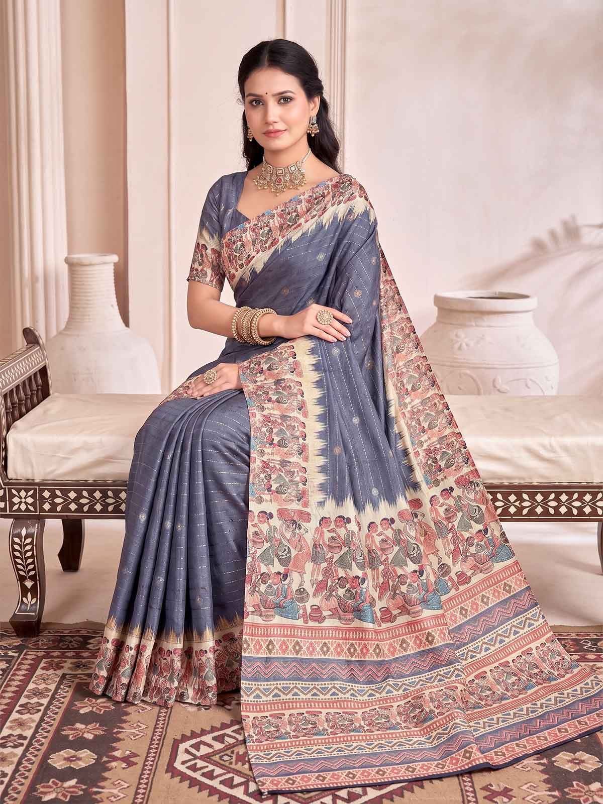 Rutvaa - Royal Blue Digital Printed Silk Saree