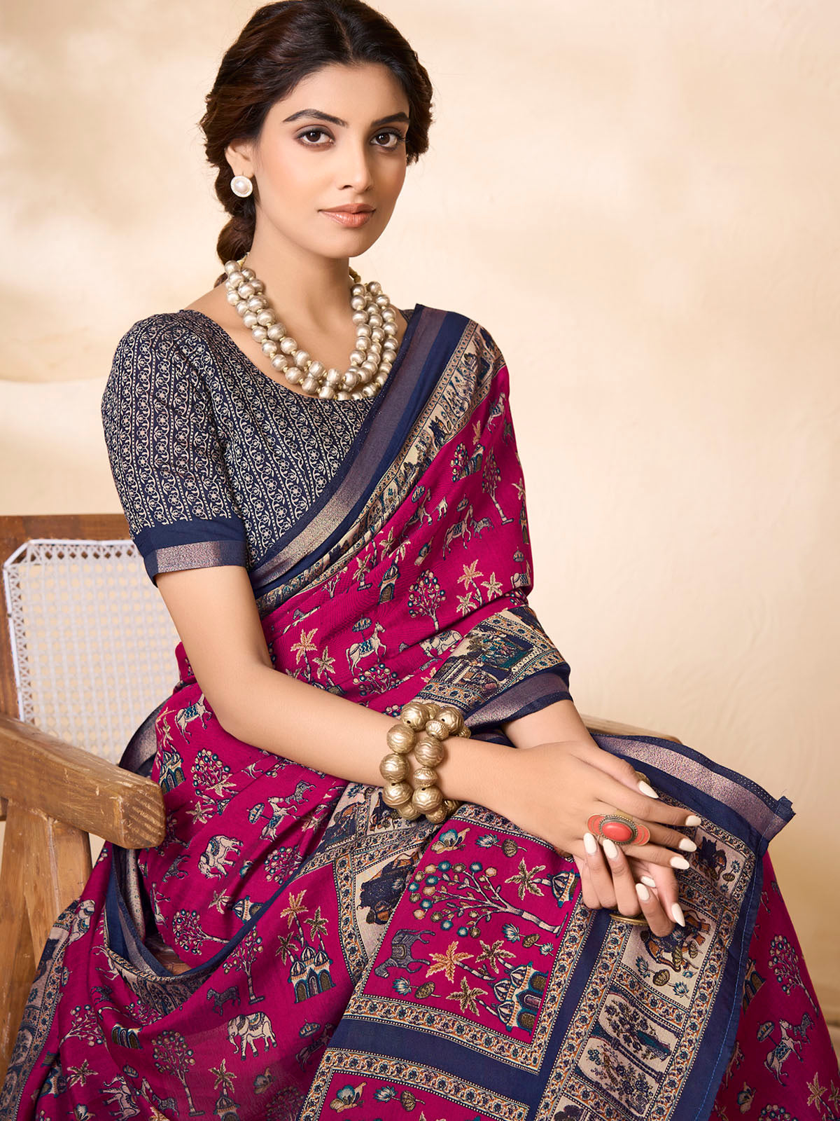Monalisa - Pink Chanderi Cotton Printed Saree with Classic Folk Art Print