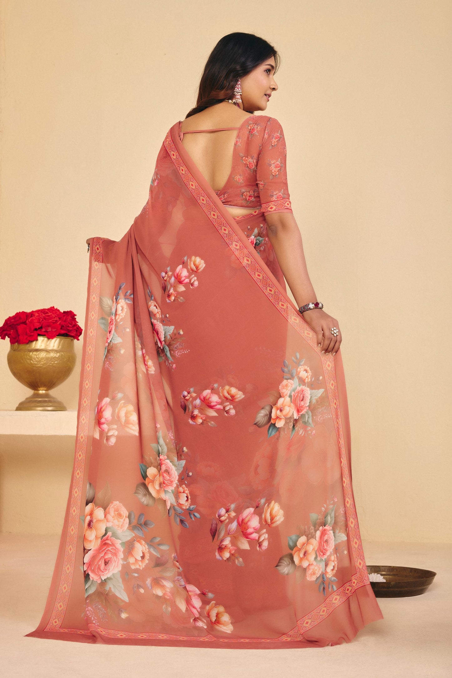 Twisha - Brown Georgette Digital Printed Saree