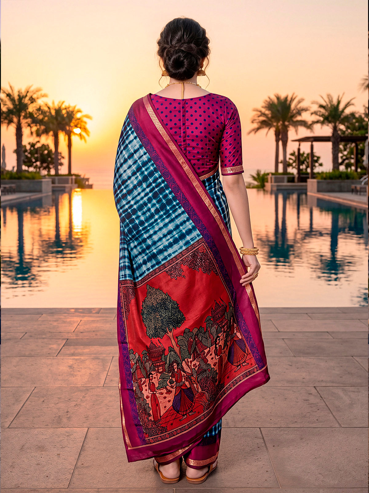 Monalisa - Blue Printed Liva Cotton Silk Saree